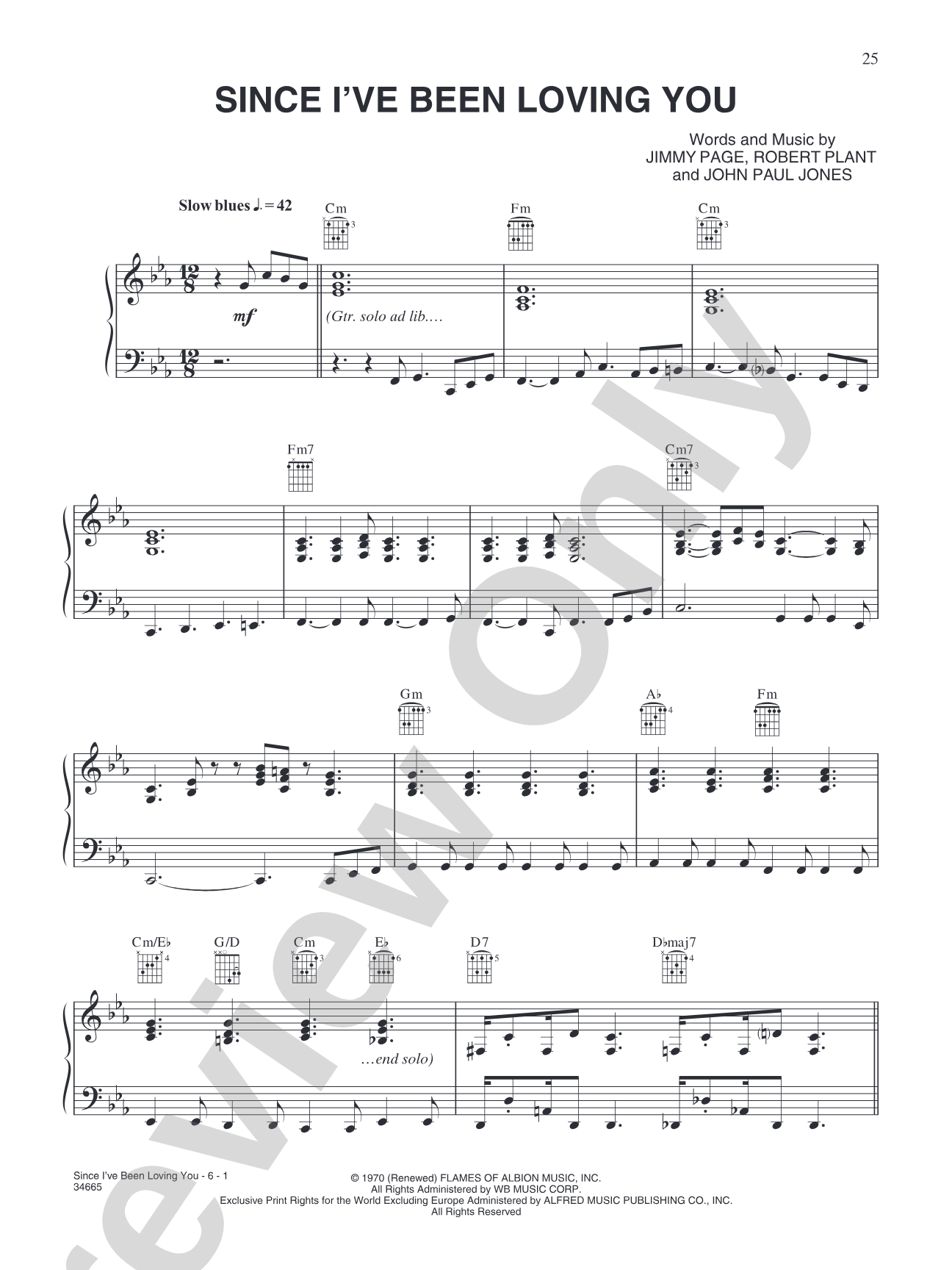 Since I've Been Loving You: Piano/Vocal/Chords