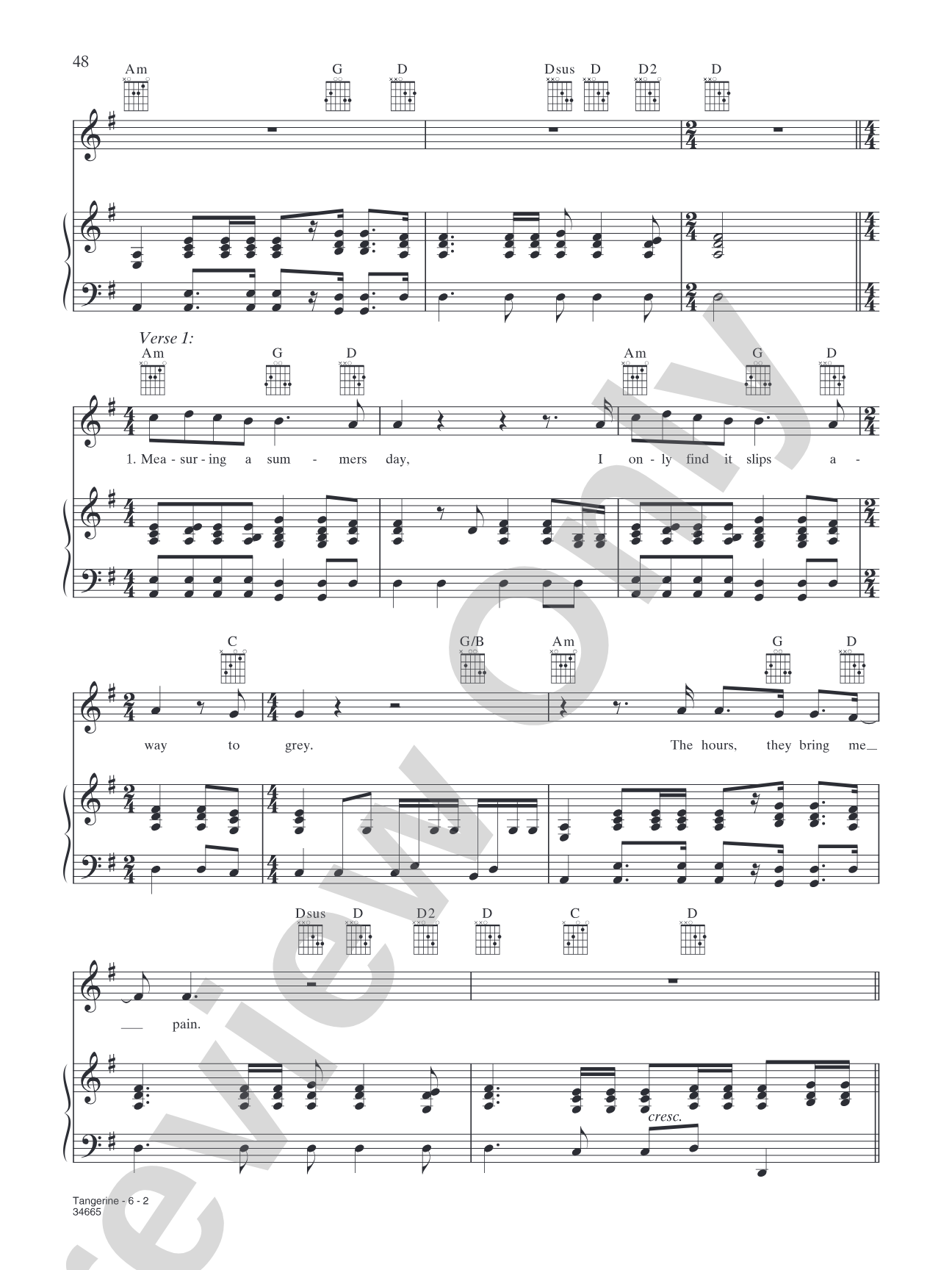 Tangerine: Piano/Vocal/Chords
