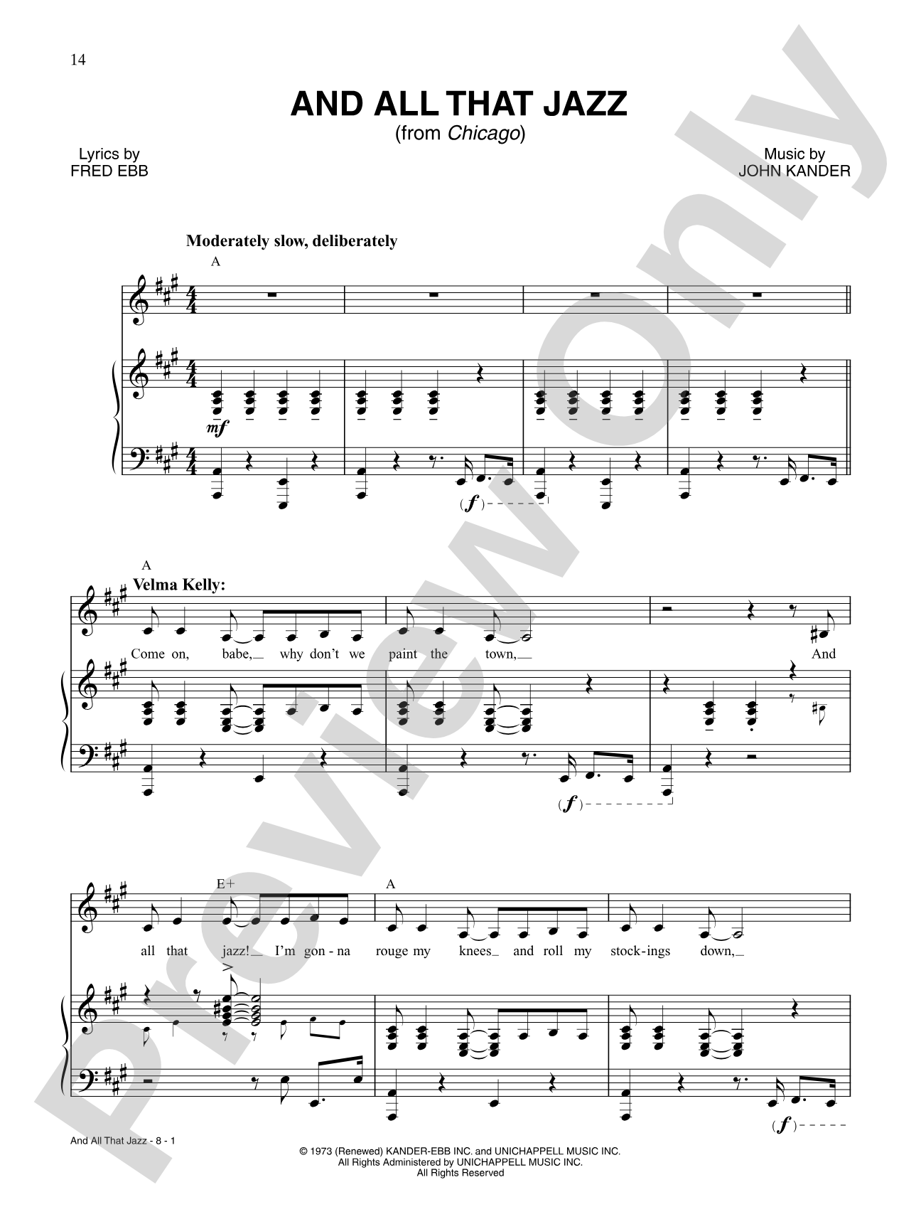 And All That Jazz (from "Chicago"): Piano/Vocal/Chords