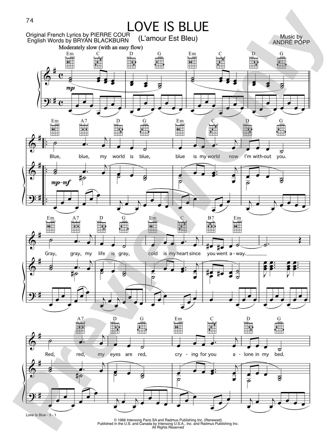 Love Is Blue: Piano/Vocal/Chords