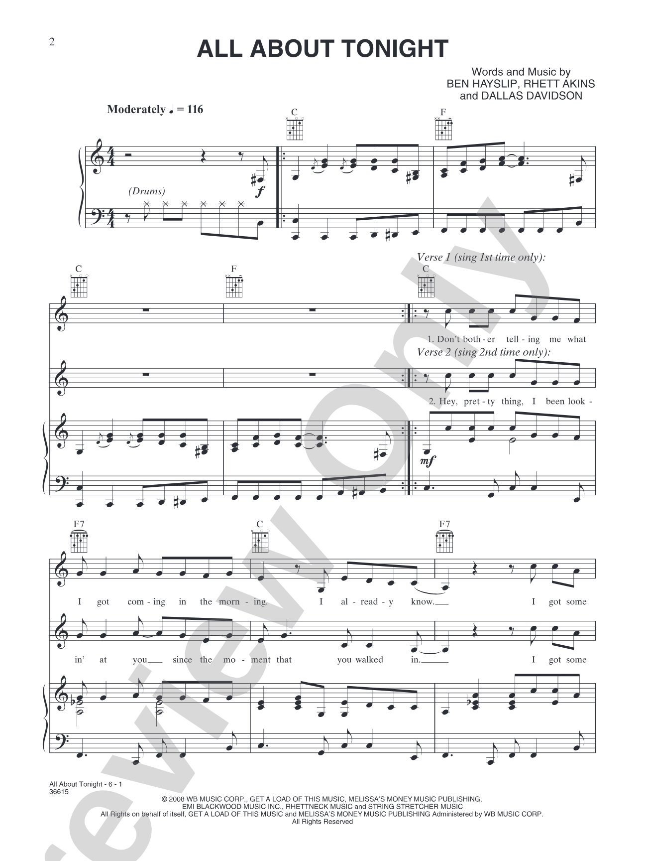 All About Tonight: Piano/Vocal/Chords
