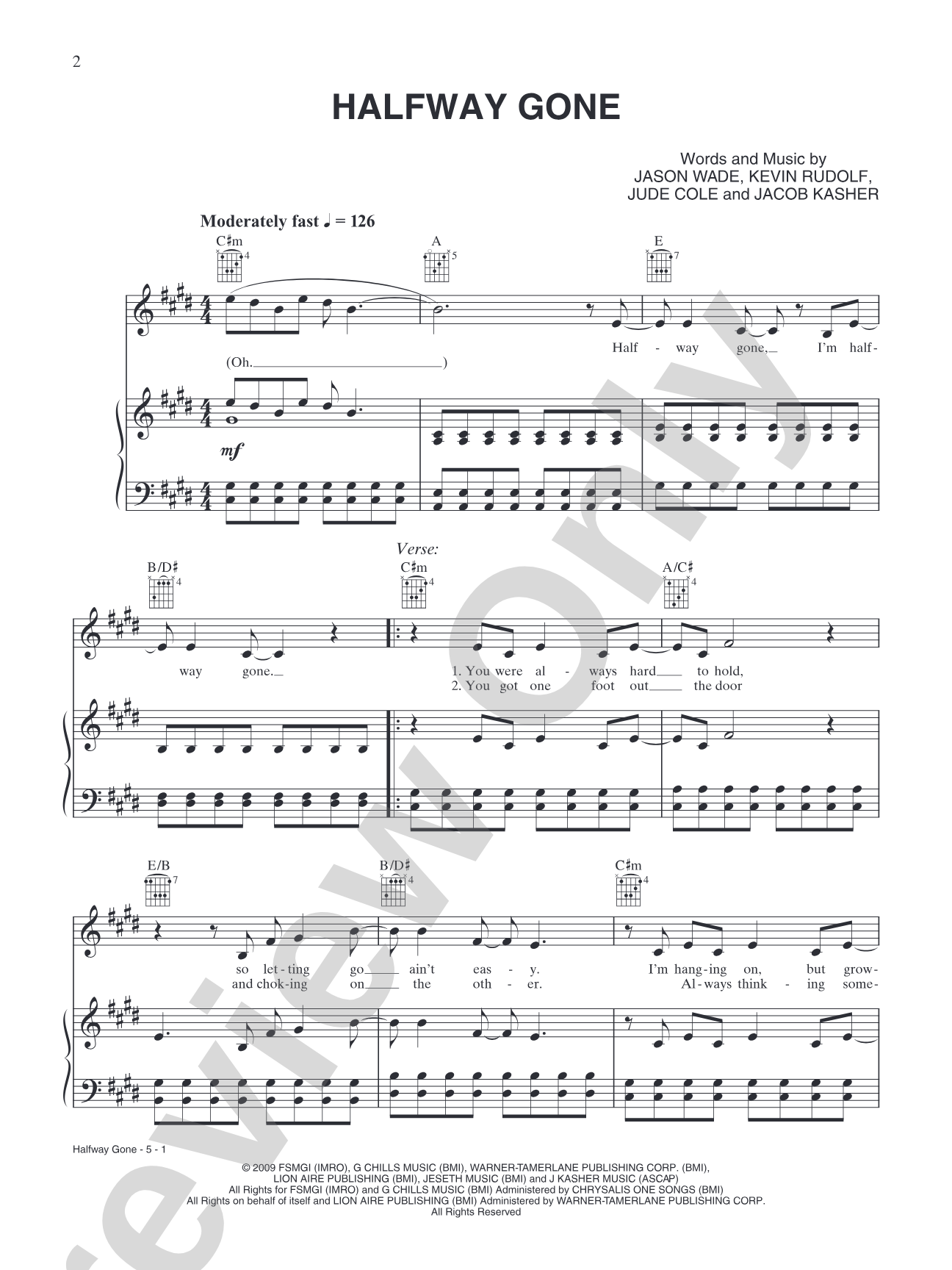 Halfway Gone: Piano/Vocal/Chords