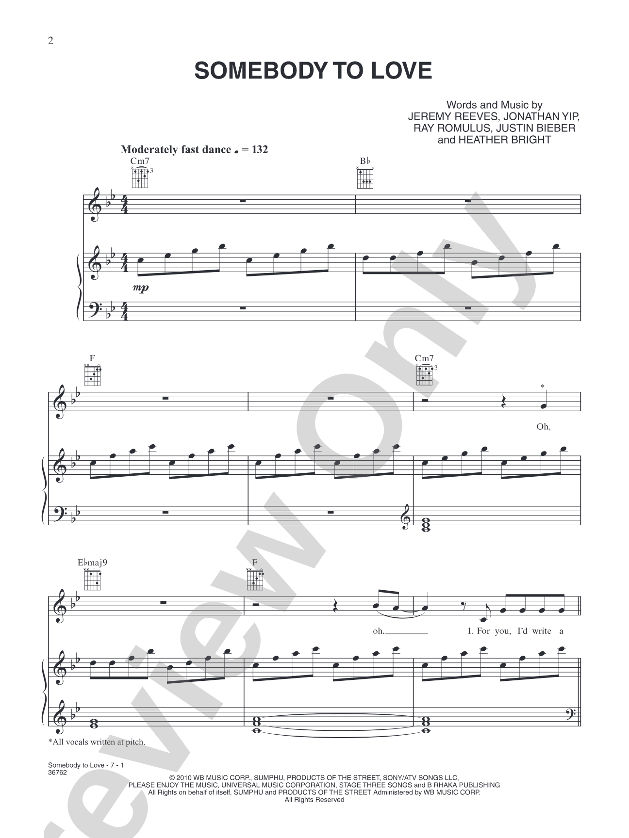 Somebody to Love: Piano/Vocal/Chords