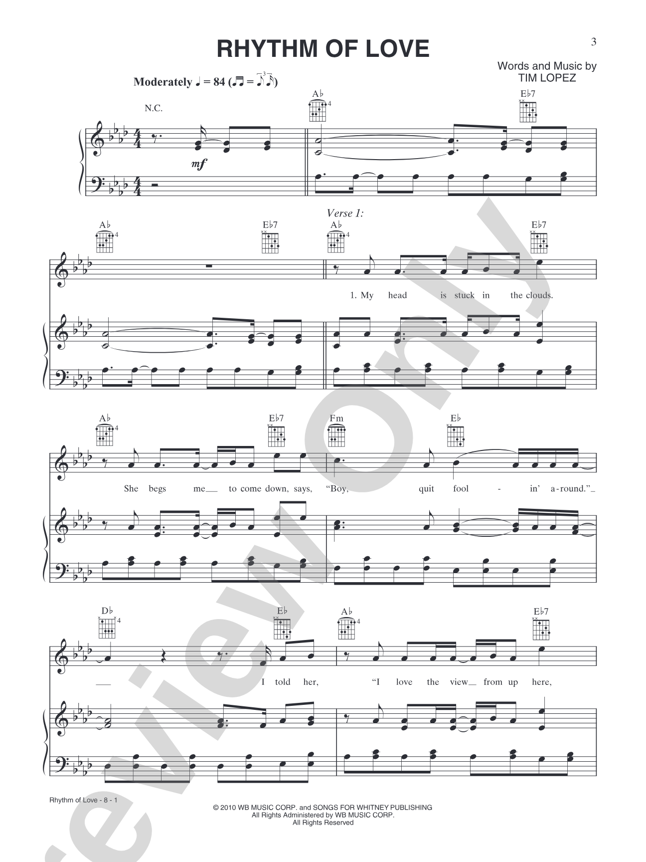 Rhythm of Love: Piano/Vocal/Chords
