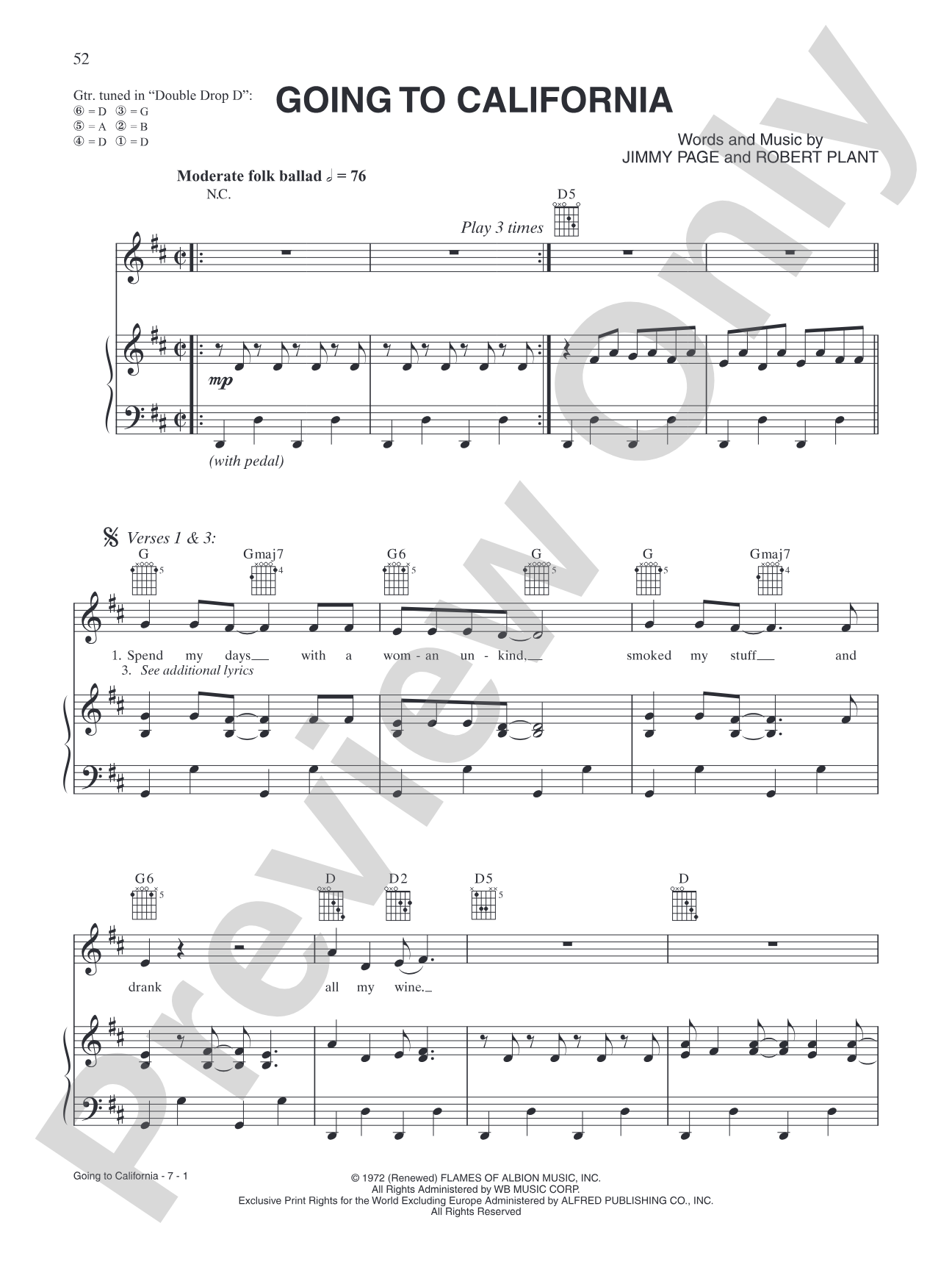 Going to California: Piano/Vocal/Chords