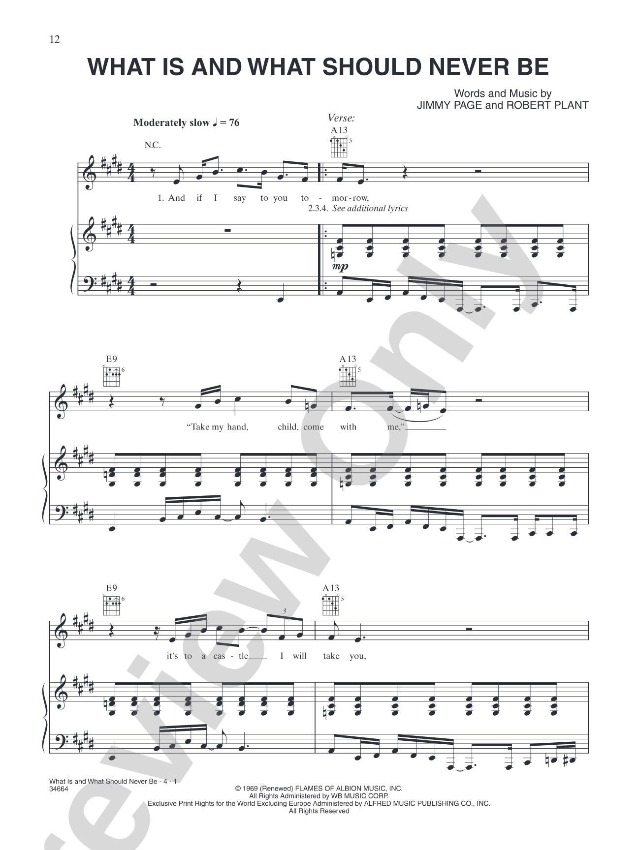 What Is and What Should Never Be: Piano/Vocal/Chords