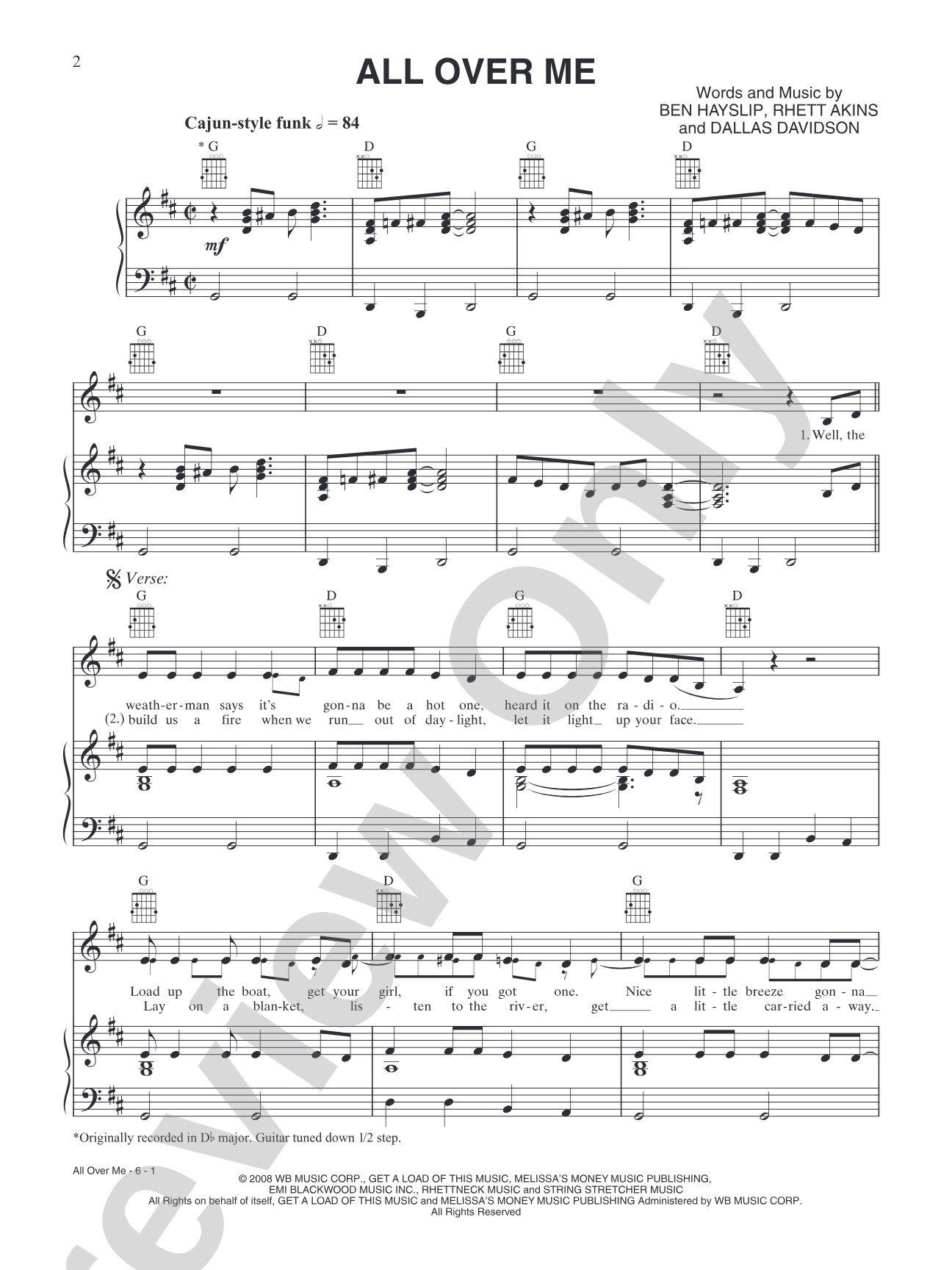 All Over Me: Piano/Vocal/Chords