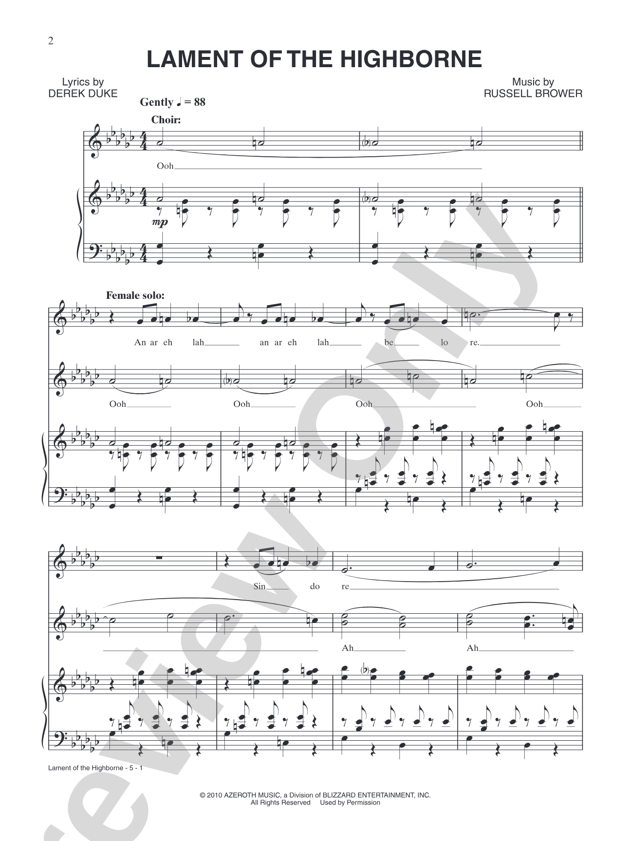 Lament of the Highborne (from "World of Warcraft: The Burning Crusade"): Piano/Vocal/Chords