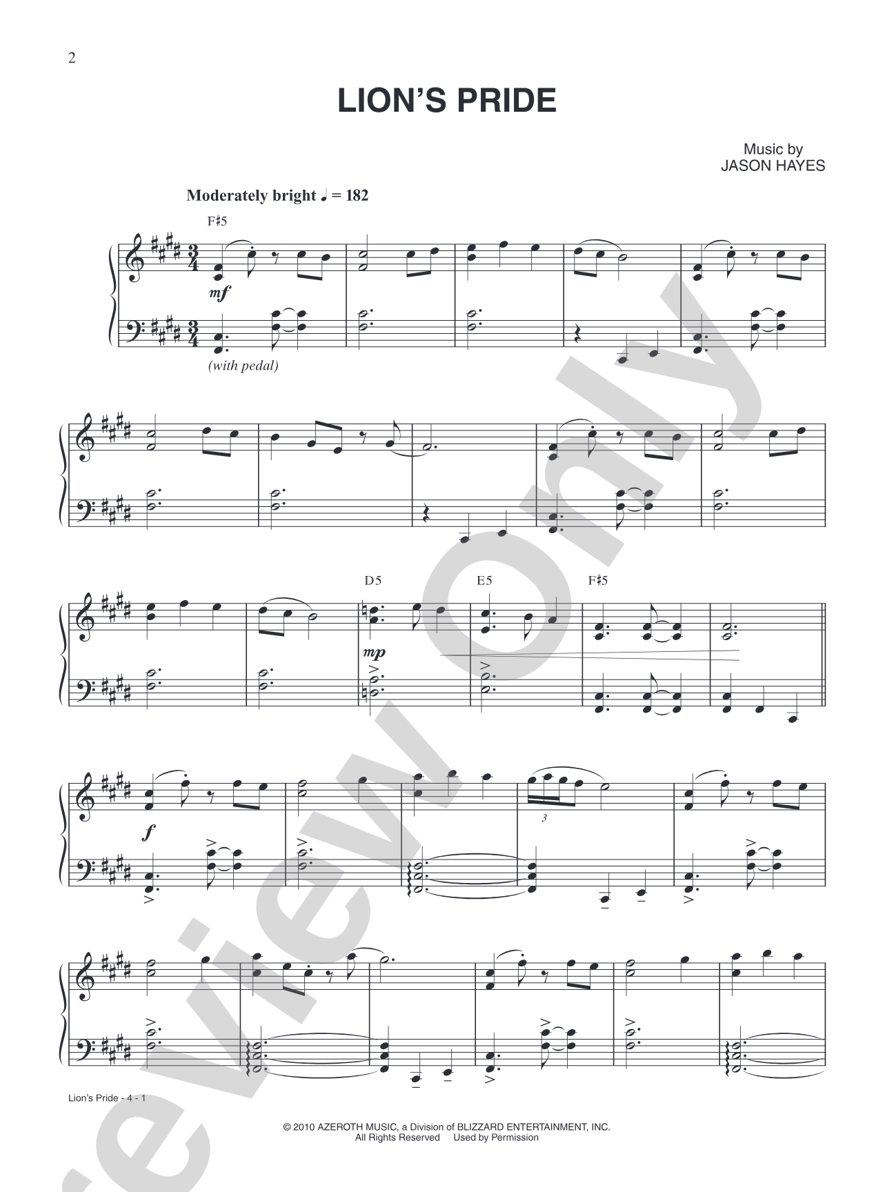 Lion's Pride (from "World of Warcraft"): Piano