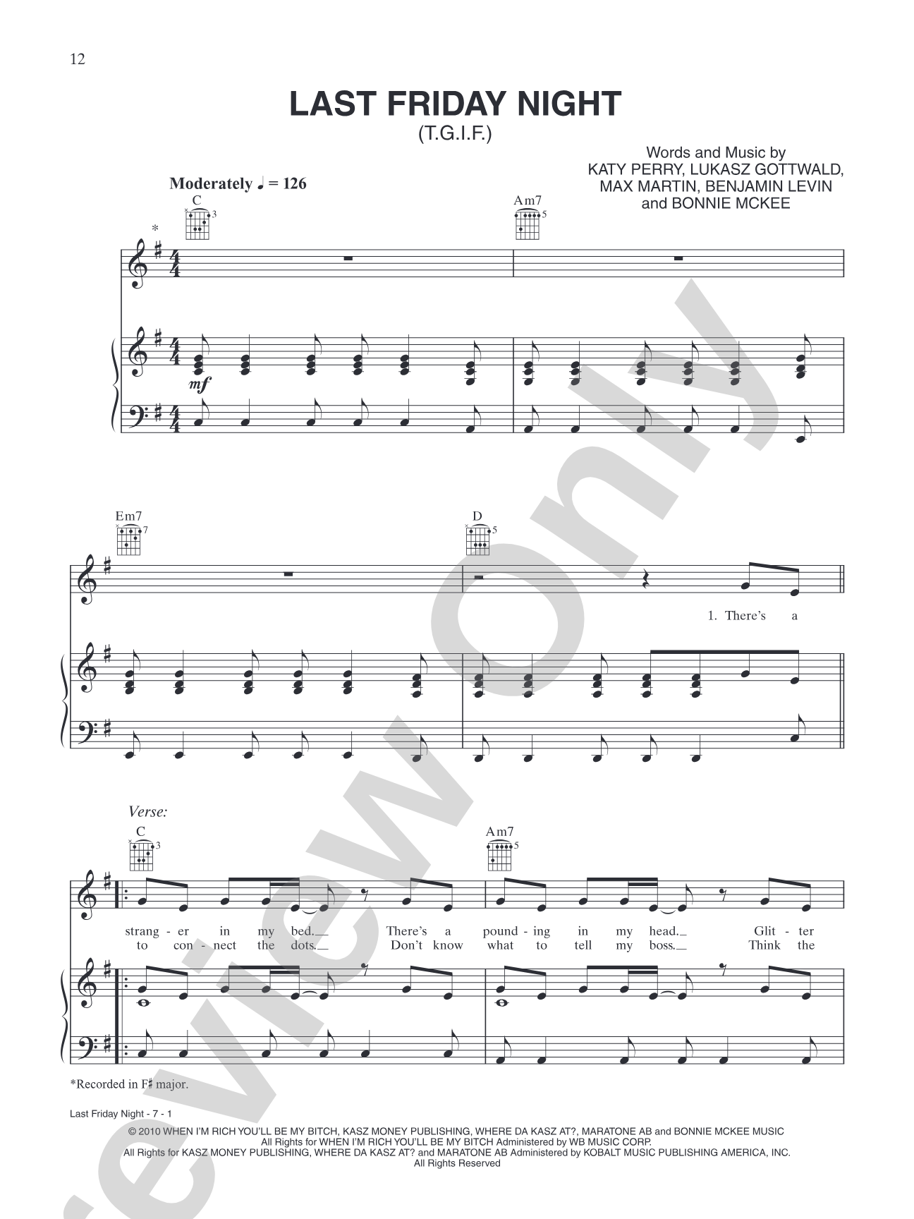 Last Friday Night (T.G.I.F.): Piano/Vocal/Chords