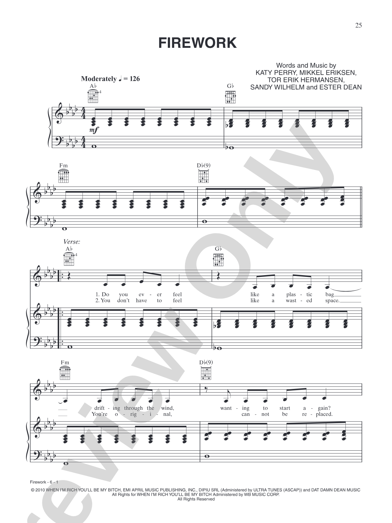 Firework: Piano/Vocal/Chords