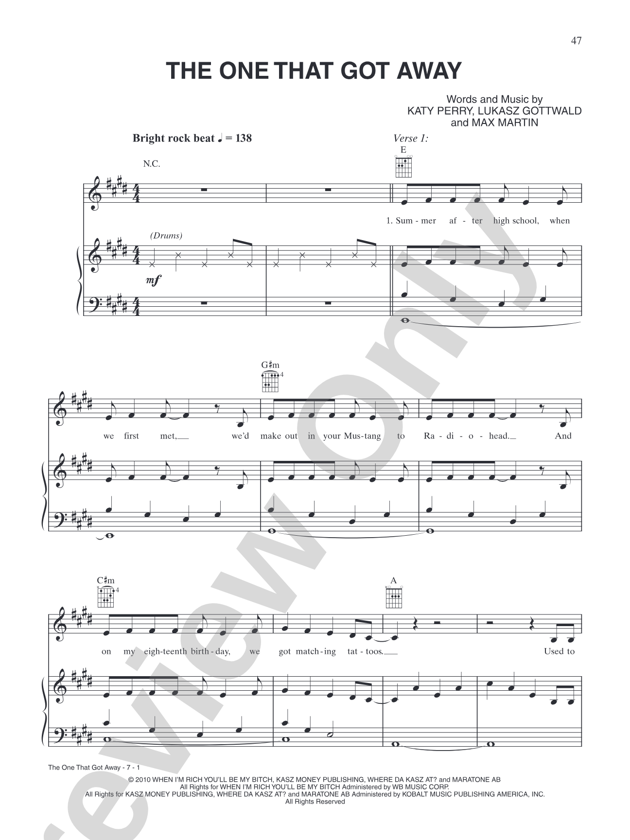 The One That Got Away: Piano/Vocal/Chords