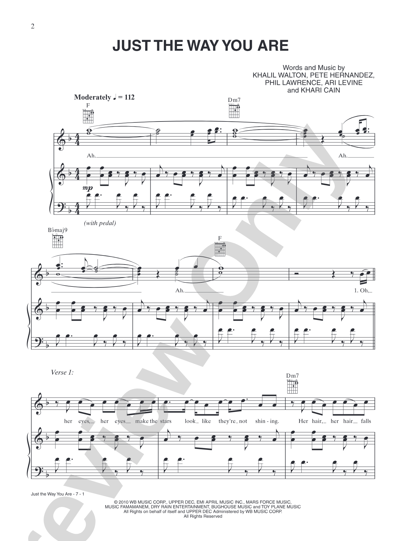 Just the Way You Are: Piano/Vocal/Chords