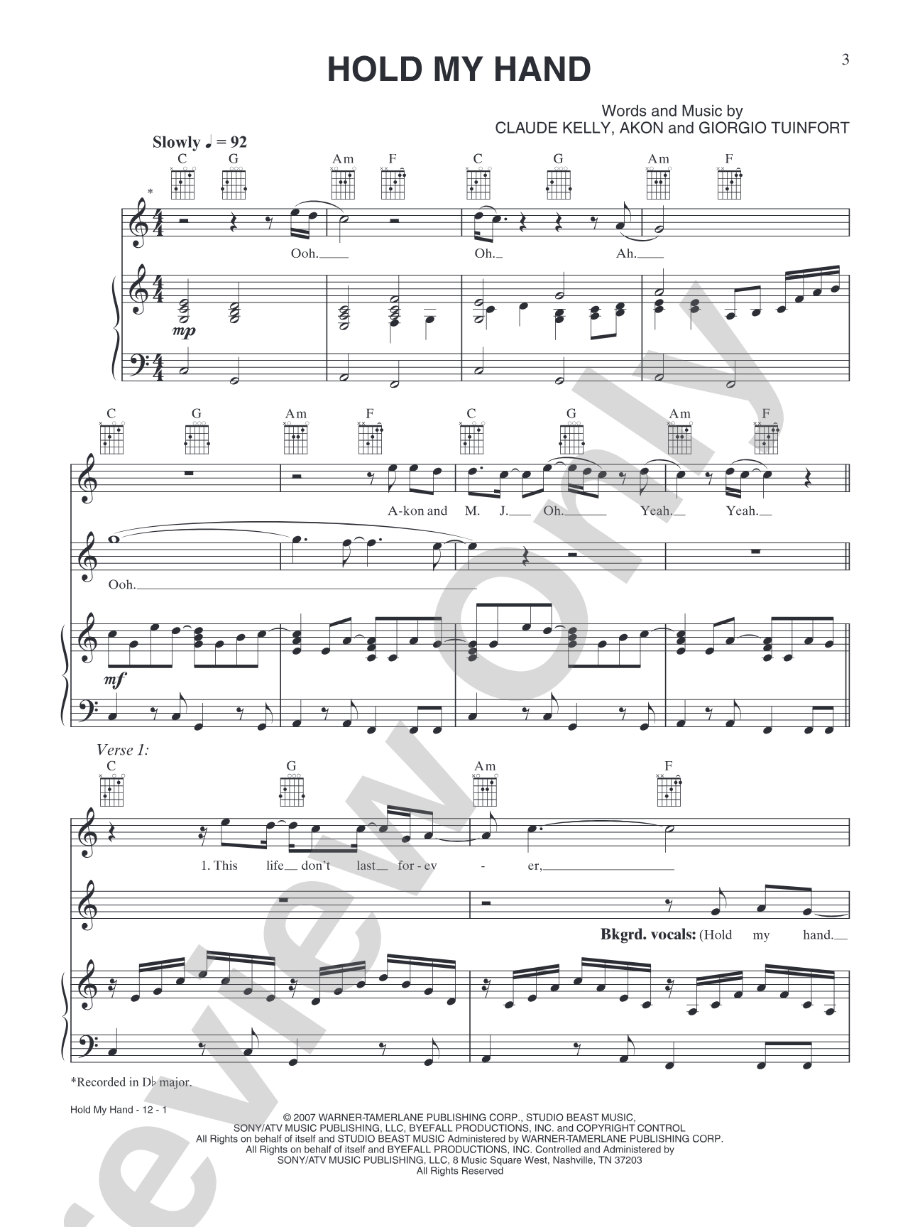 Hold My Hand: Piano/Vocal/Chords