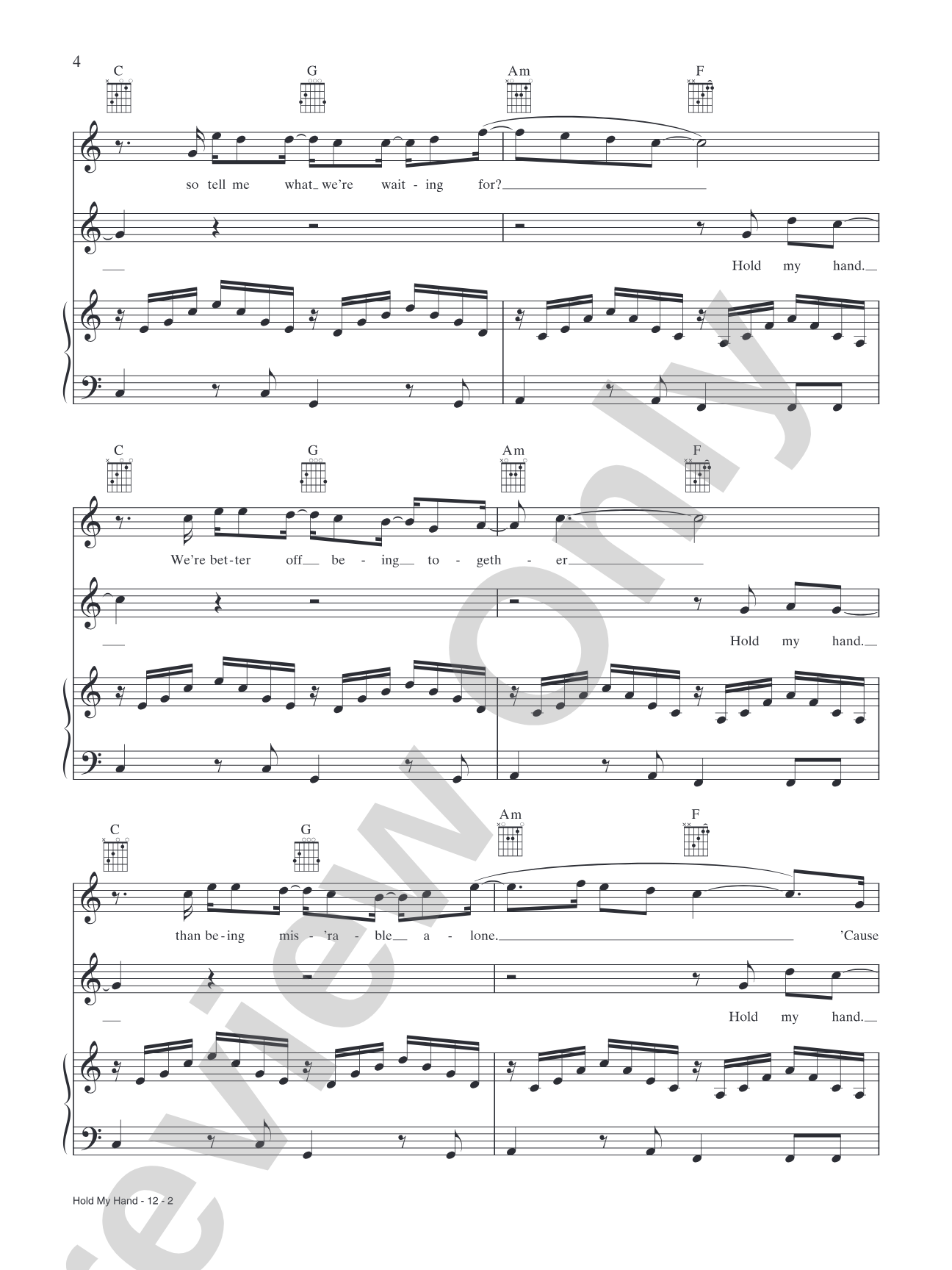 Hold My Hand: Piano/Vocal/Chords
