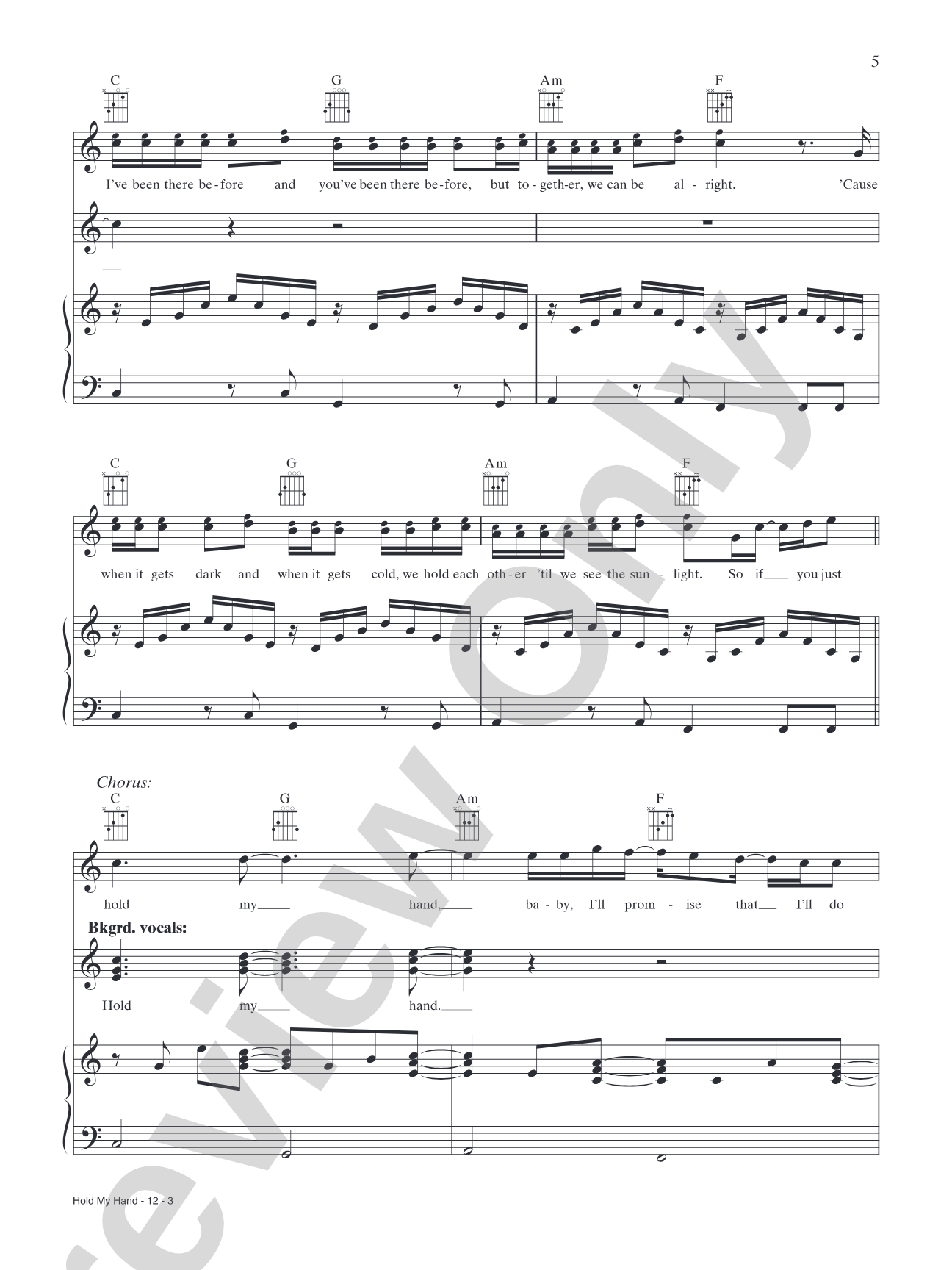 Hold My Hand: Piano/Vocal/Chords