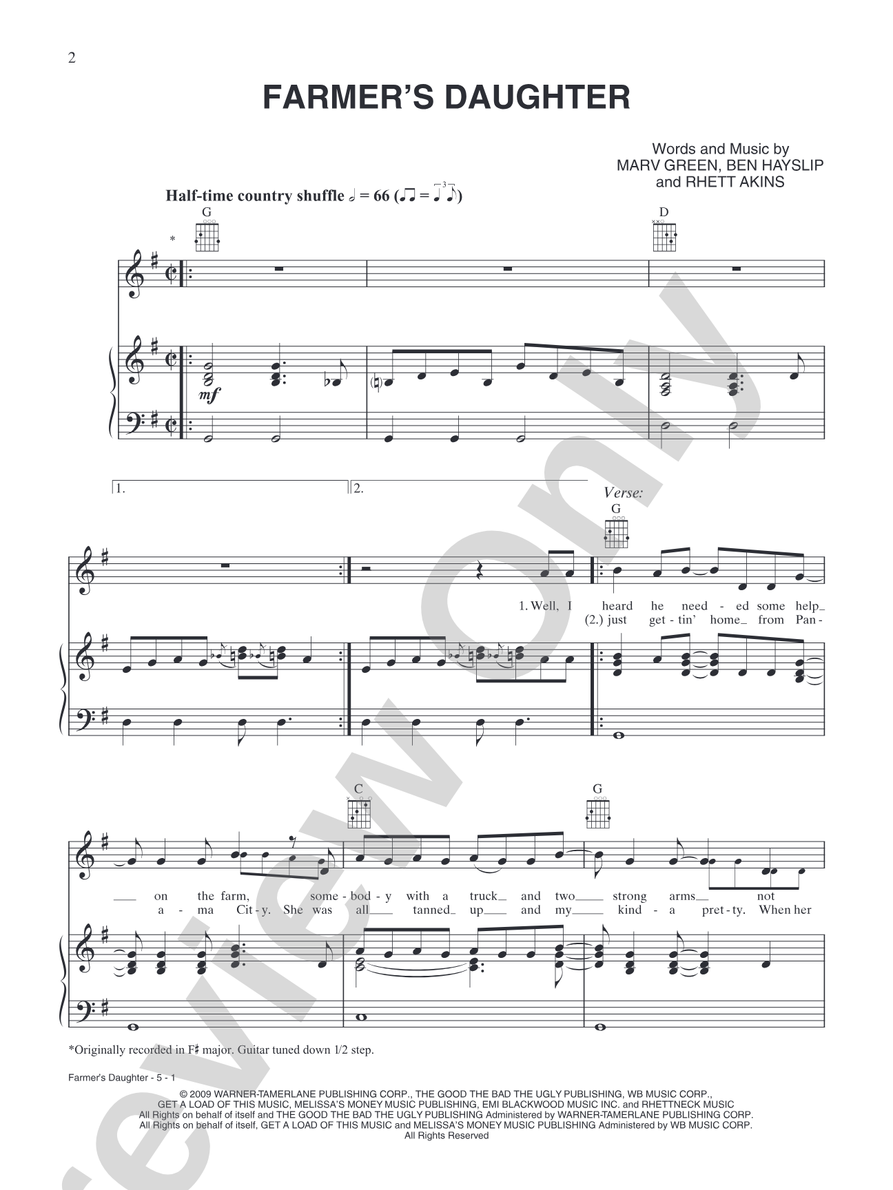 Farmer's Daughter: Piano/Vocal/Chords