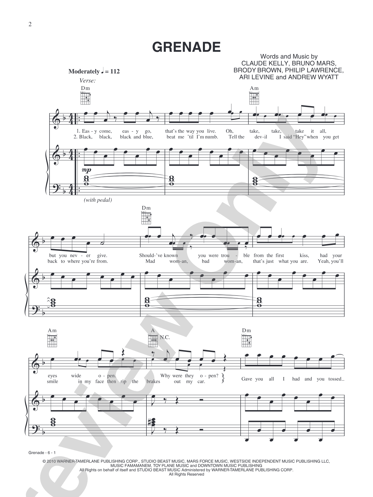 Grenade: Piano/Vocal/Chords
