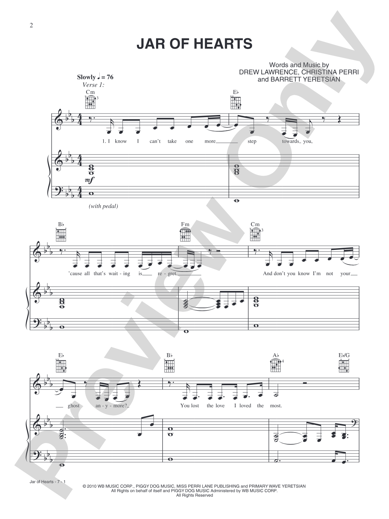 Jar of Hearts: Piano/Vocal/Chords