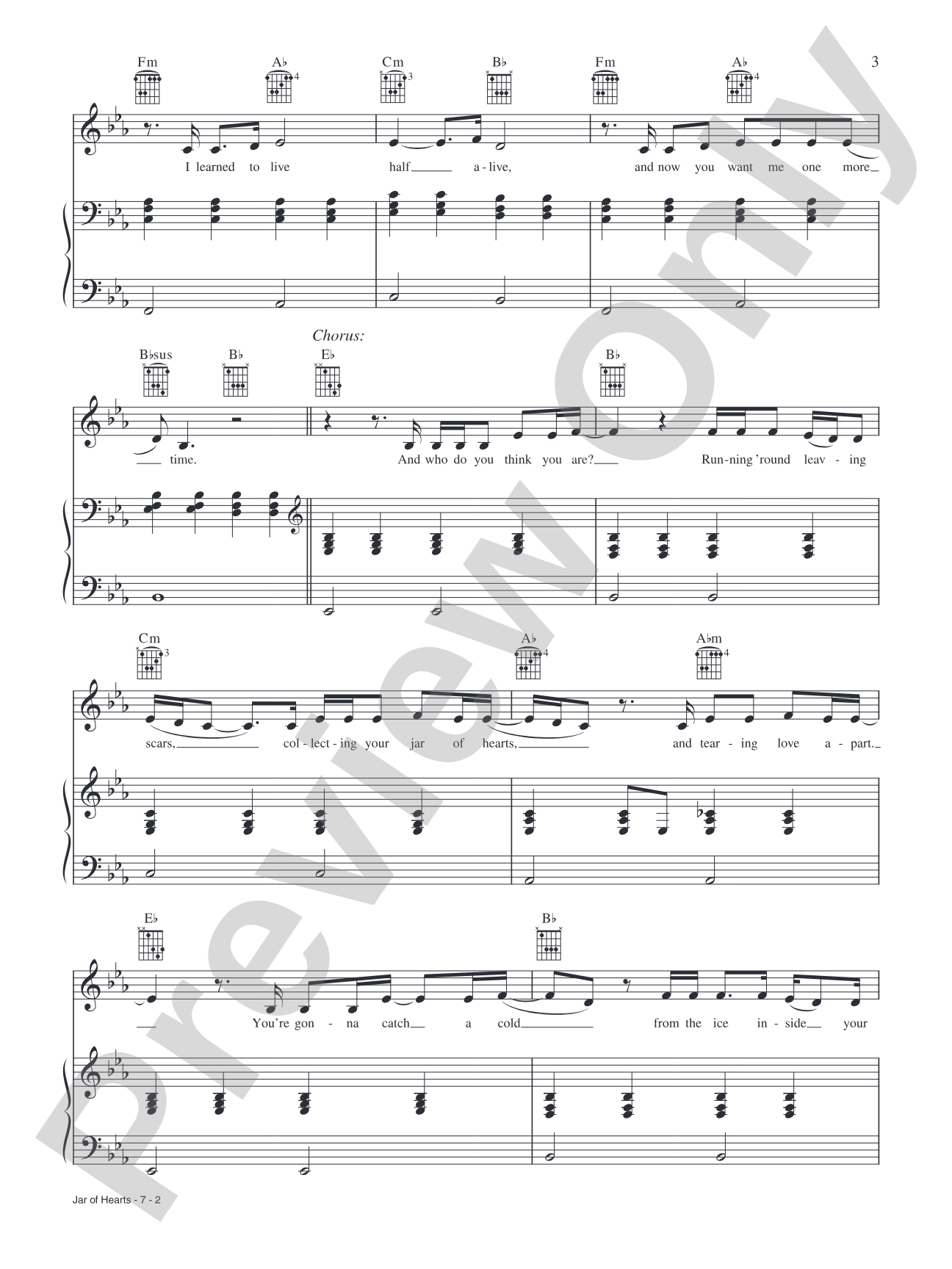 Jar of Hearts: Piano/Vocal/Chords