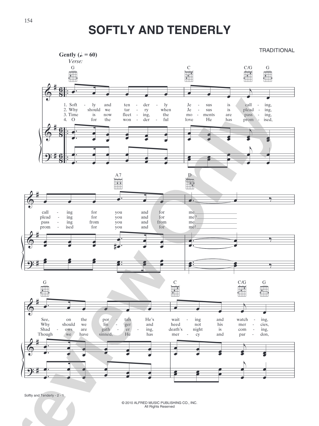 Softly and Tenderly: Piano/Vocal/Chords