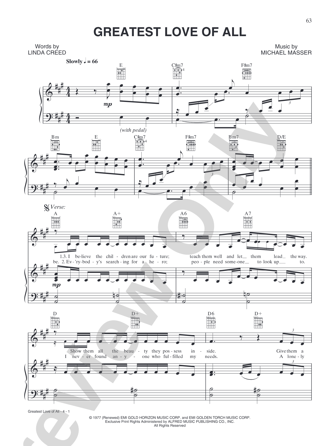 The Greatest Love of All: Piano/Vocal/Chords