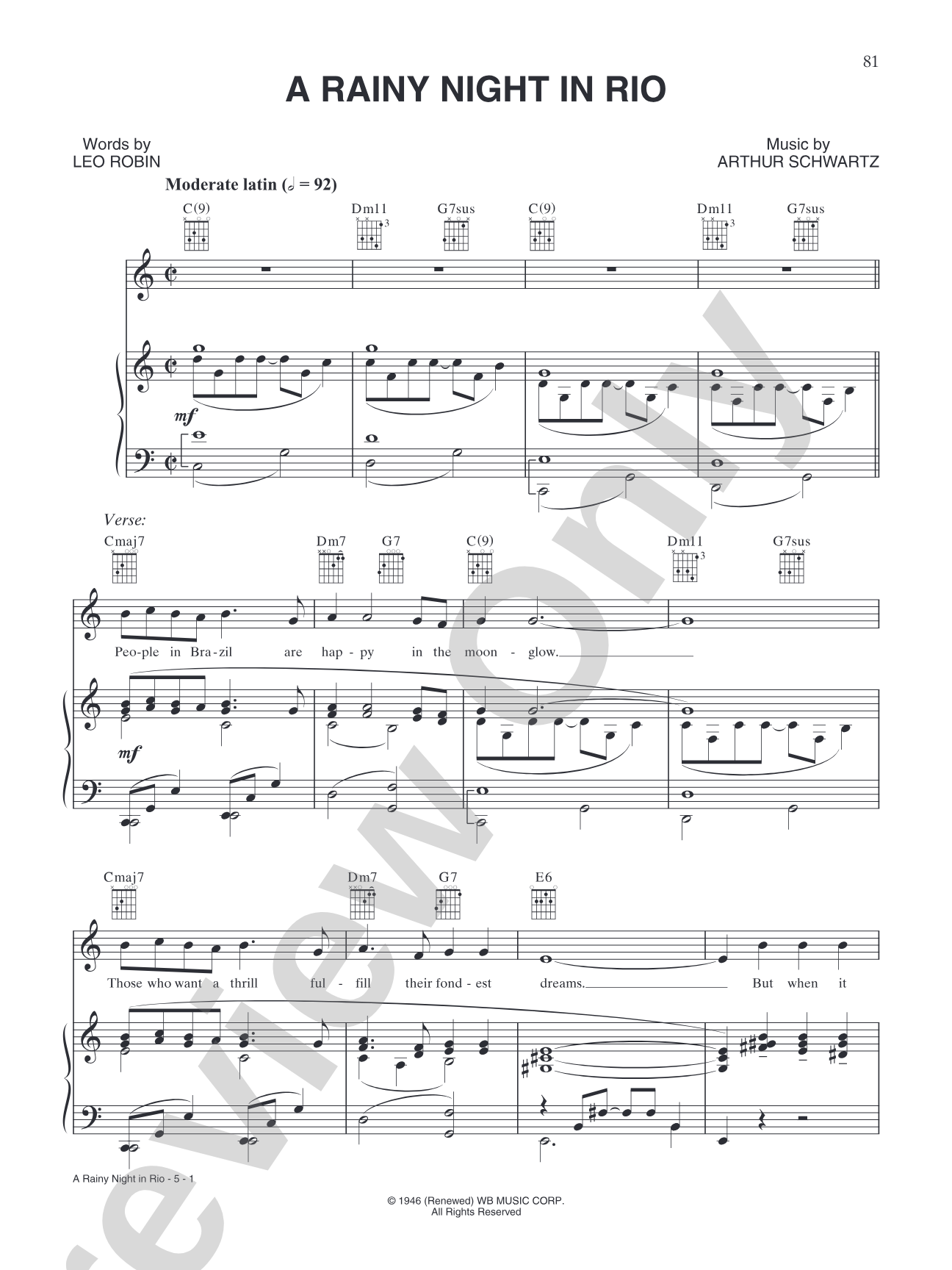 A Rainy Night in Rio (from "Merrie Melodies & Looney Tunes"): Piano/Vocal/Chords