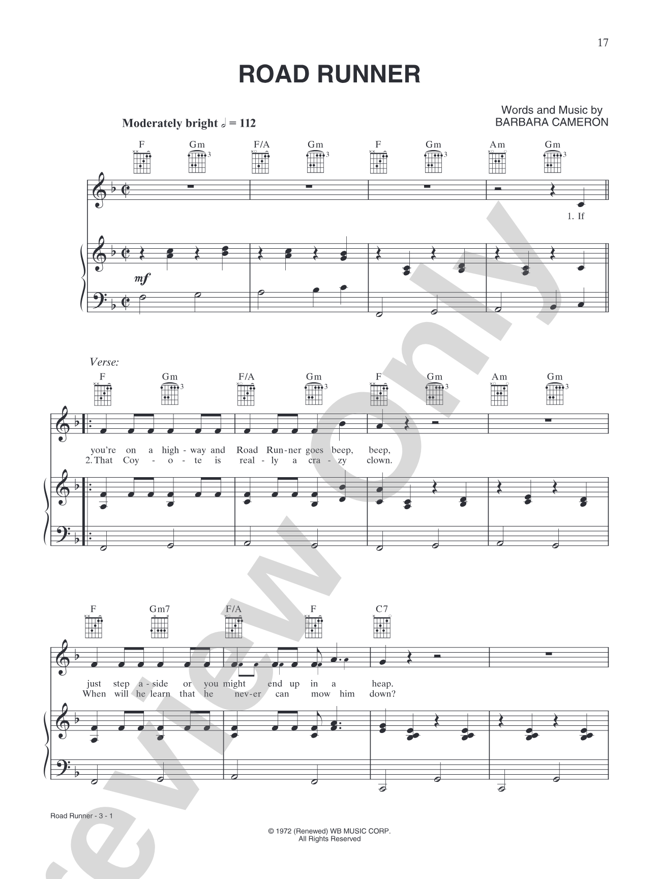 Road Runner (from "Merrie Melodies & Looney Tunes"): Piano/Vocal/Chords