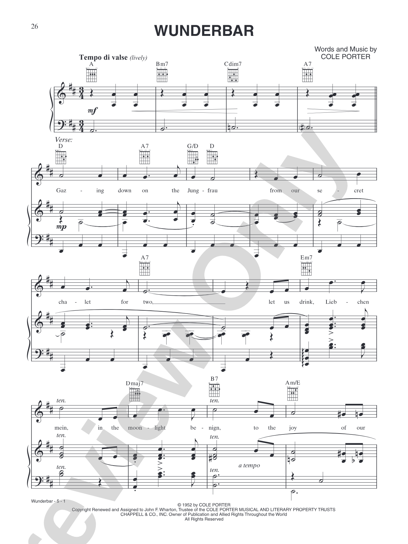 Wunderbar (from "Kiss Me Kate"): Piano/Vocal/Chords