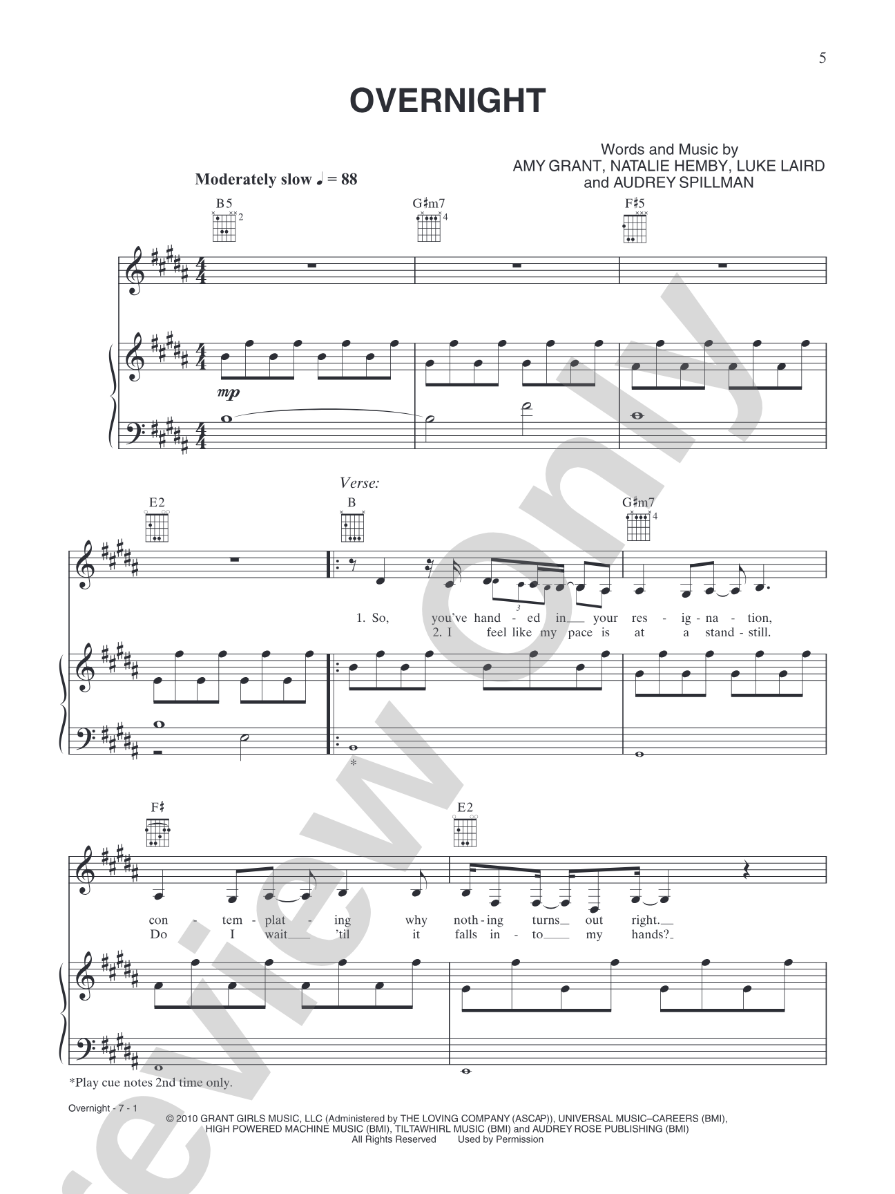 Overnight: Piano/Vocal/Chords