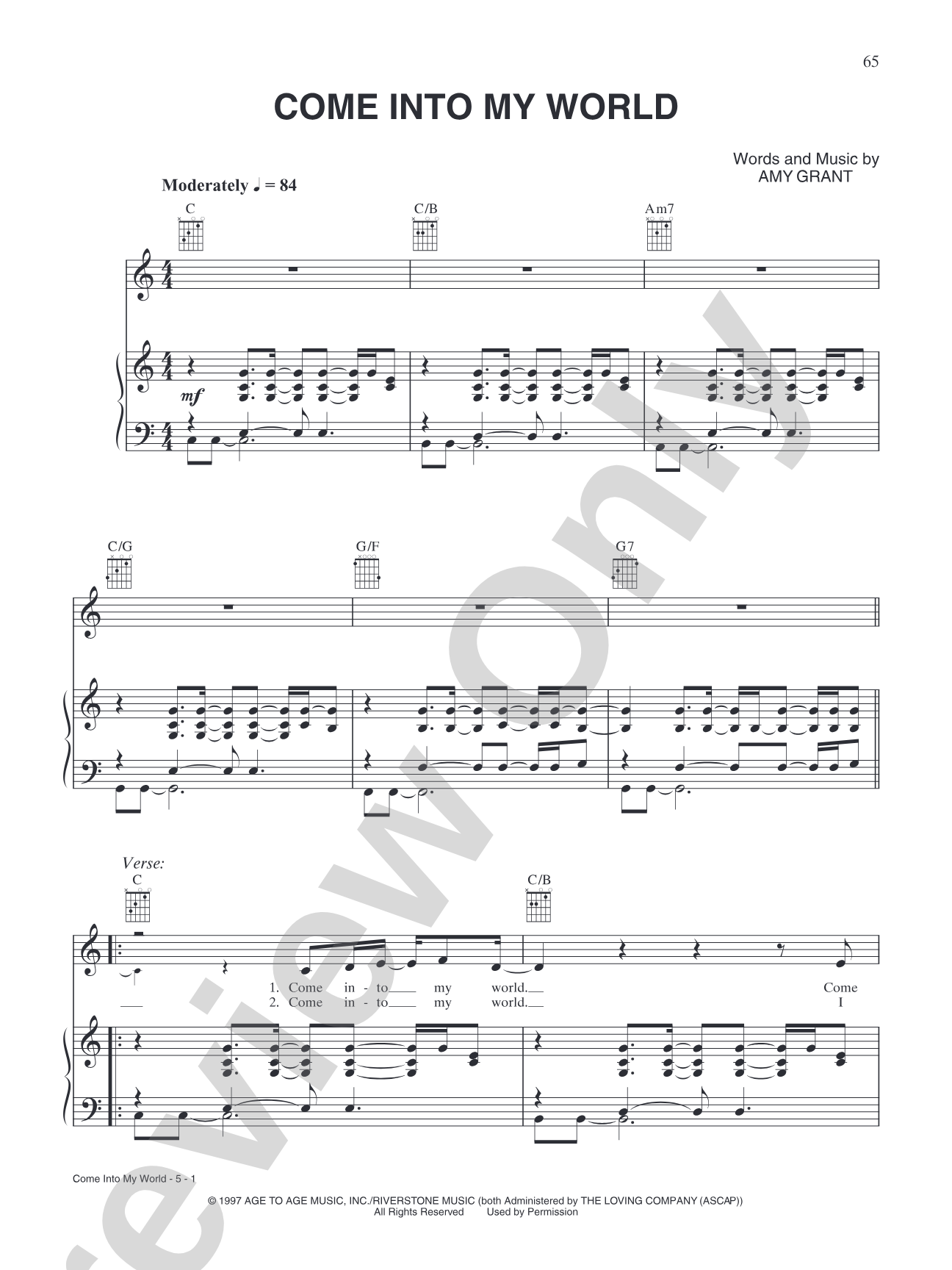 Come Into My World: Piano/Vocal/Chords