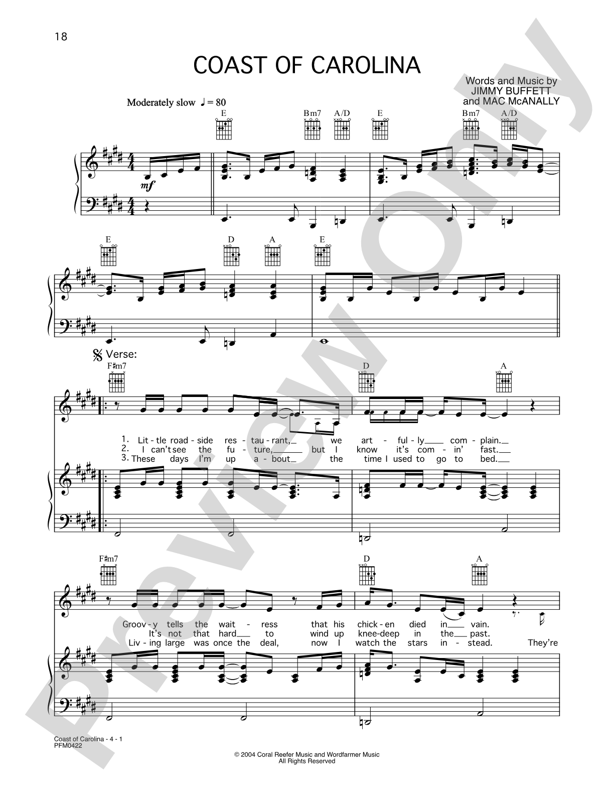Coast of Carolina: Piano/Vocal/Chords