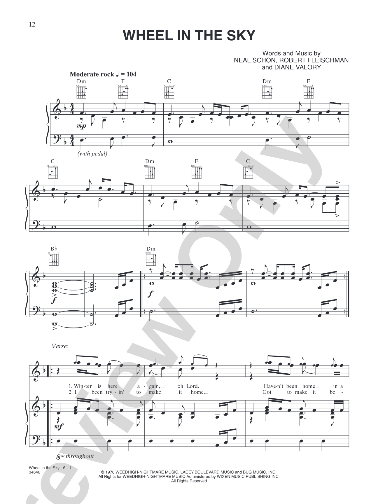 Wheel In The Sky: Piano/Vocal/Chords