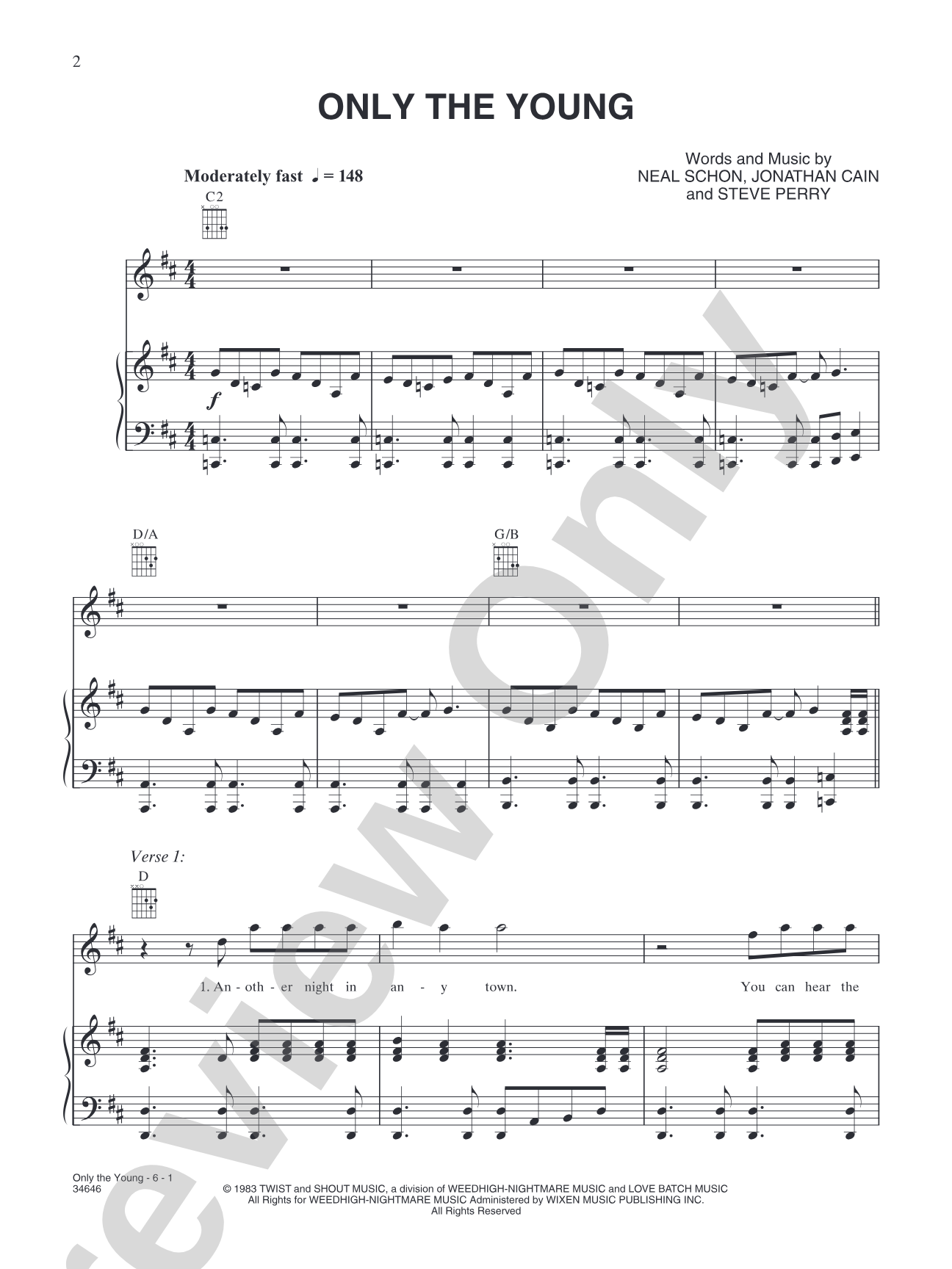 Only The Young: Piano/Vocal/Chords