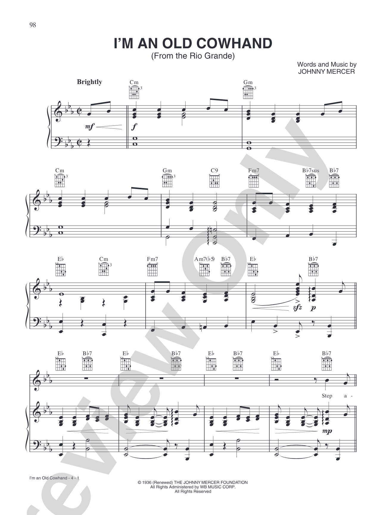 I'm An Old Cowhand (From the Rio Grande): Piano/Vocal/Chords