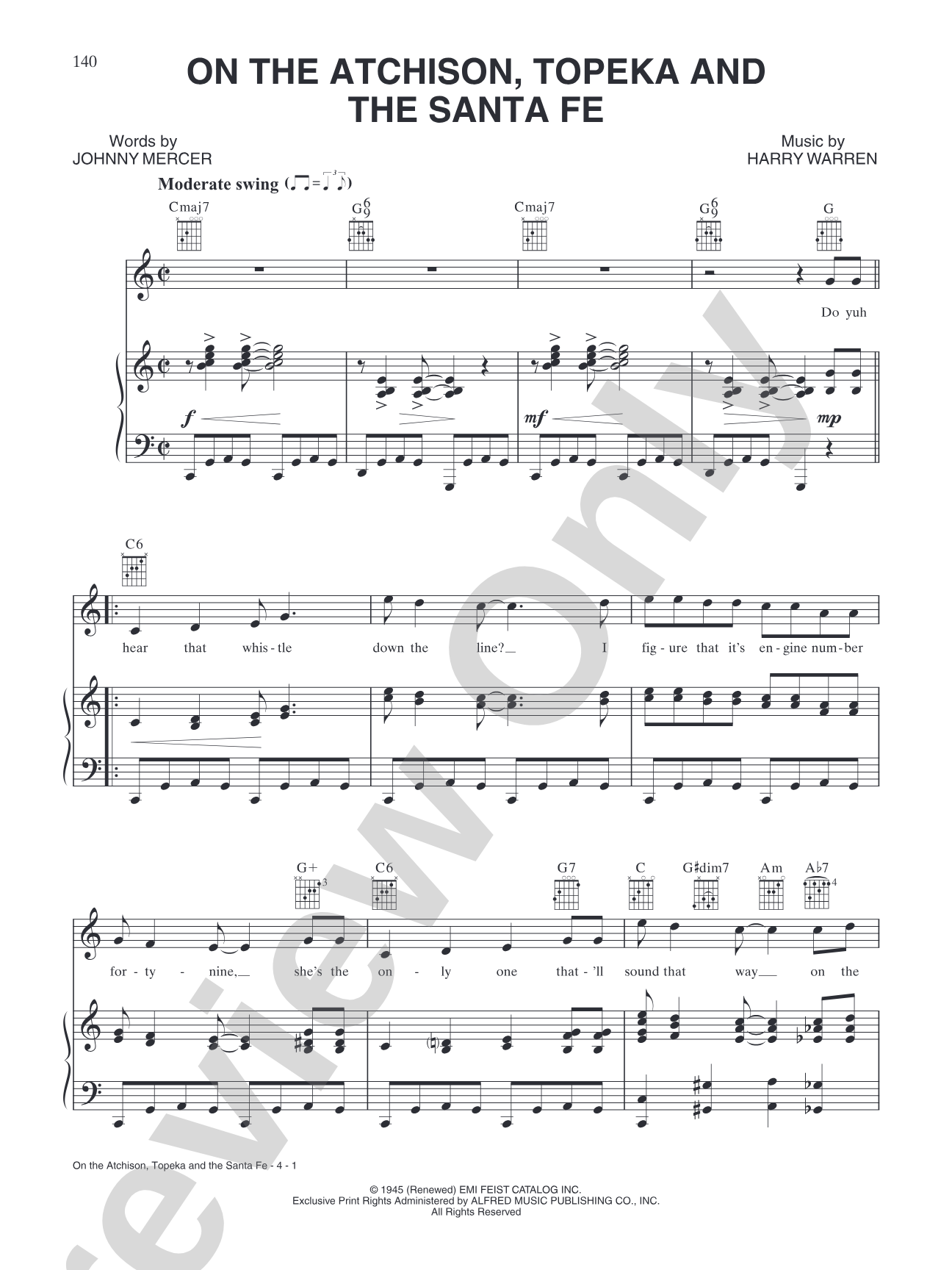 On the Atchison, Topeka and the Santa Fe: Piano/Vocal/Chords