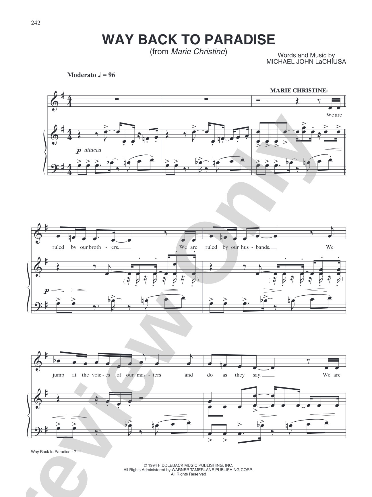 Way Back to Paradise (from "Marie Christine"): Piano/Vocal/Chords