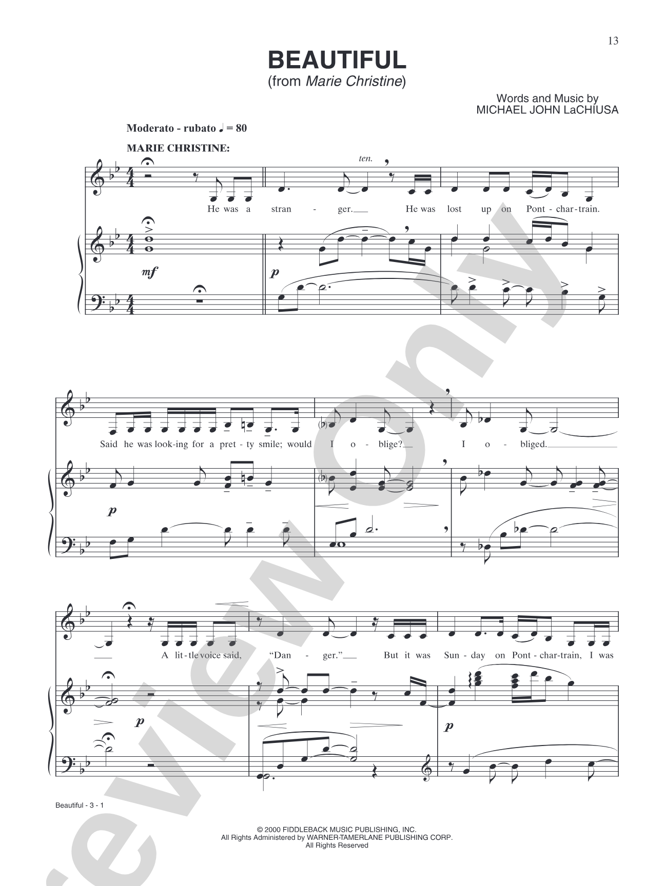 Beautiful (from "Marie Christine"): Piano/Vocal/Chords