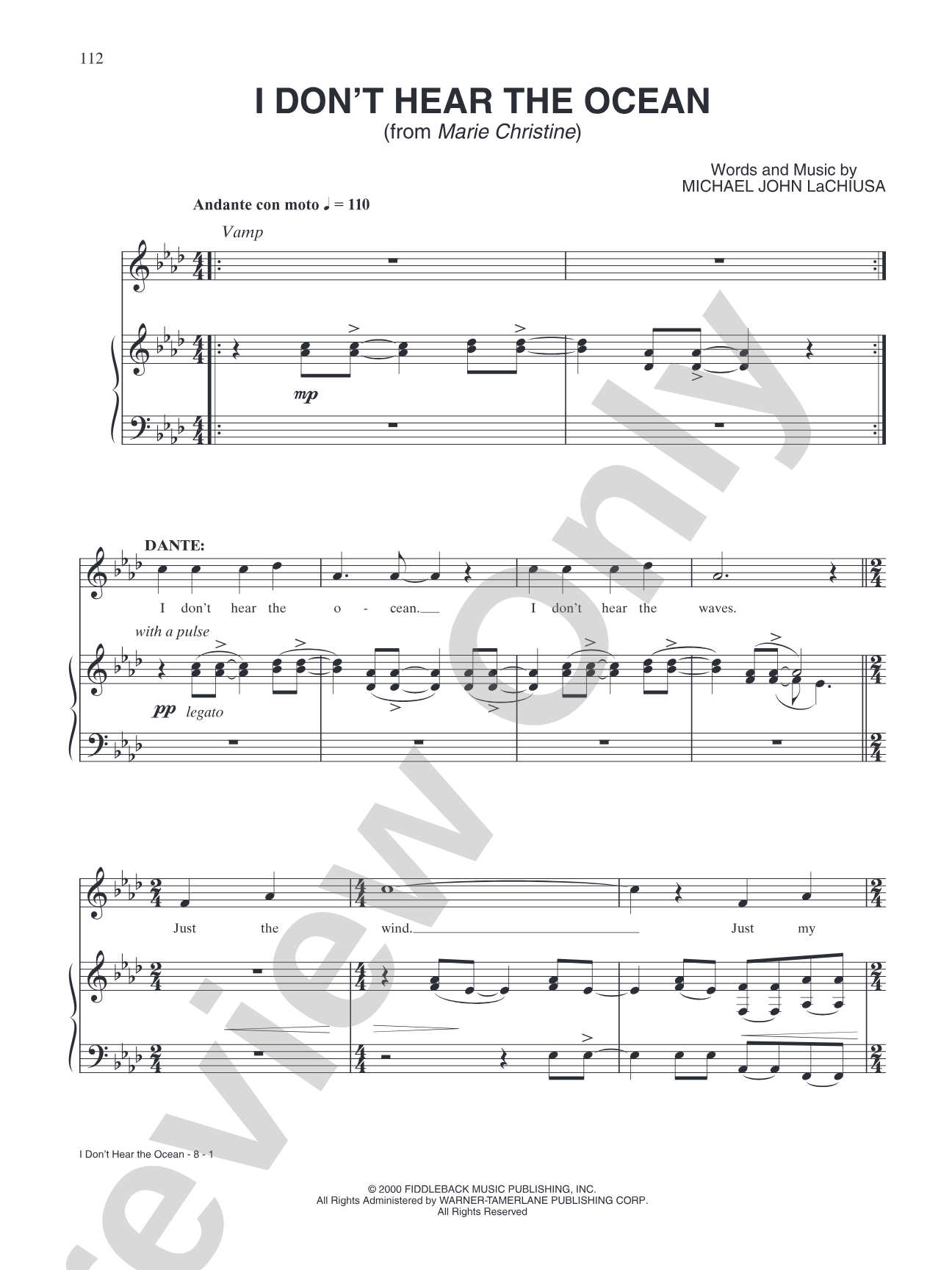 I Don't Hear the Ocean (from "Marie Christine"): Piano/Vocal/Chords