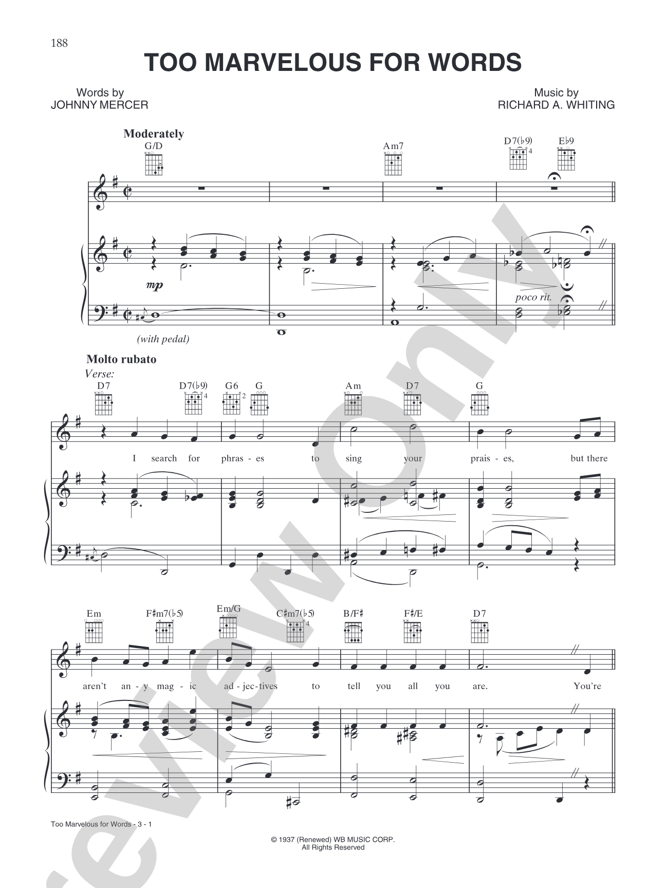 Too Marvelous for Words: Piano/Vocal/Chords