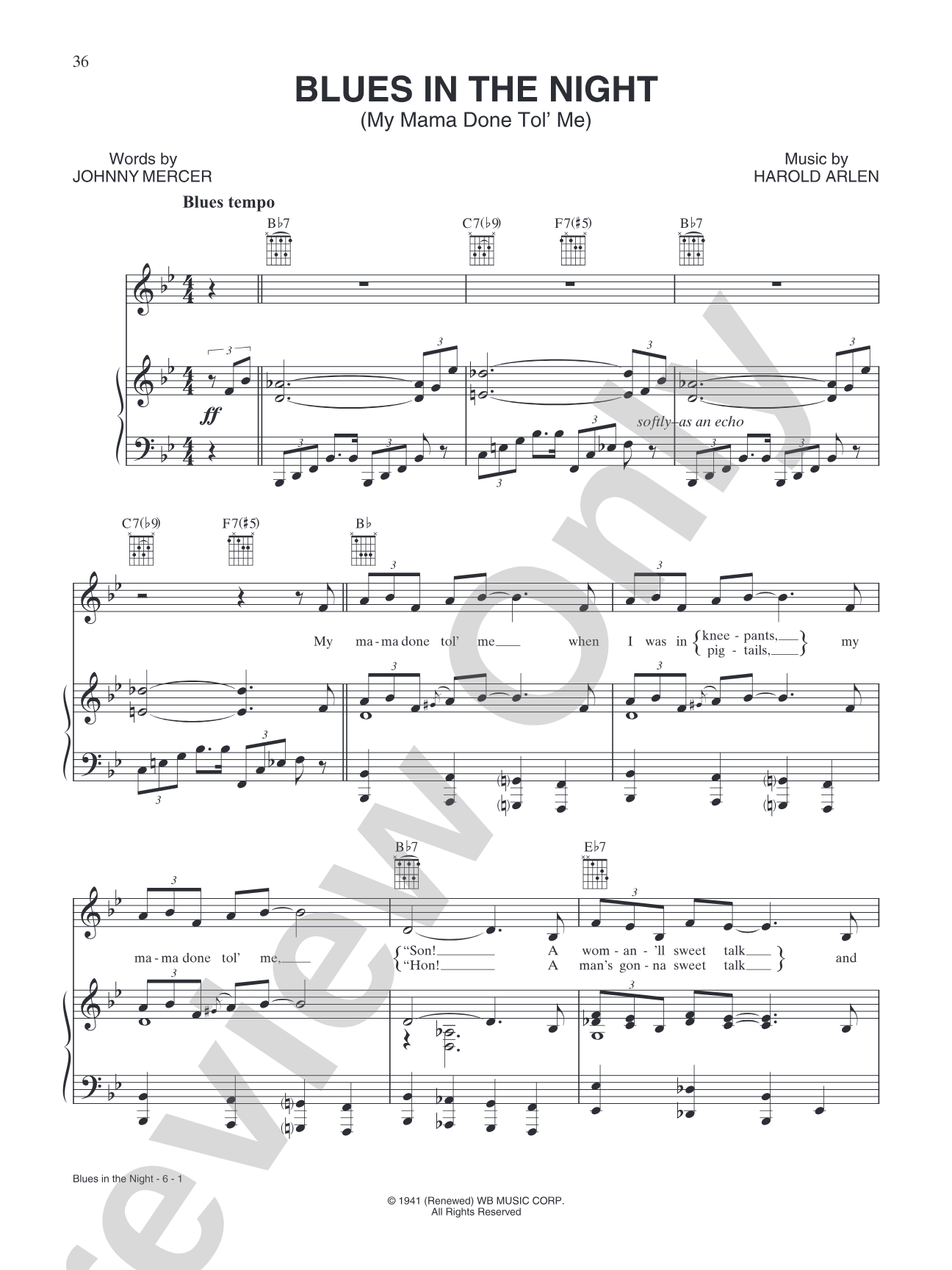 Blues in the Night: Piano/Vocal/Chords