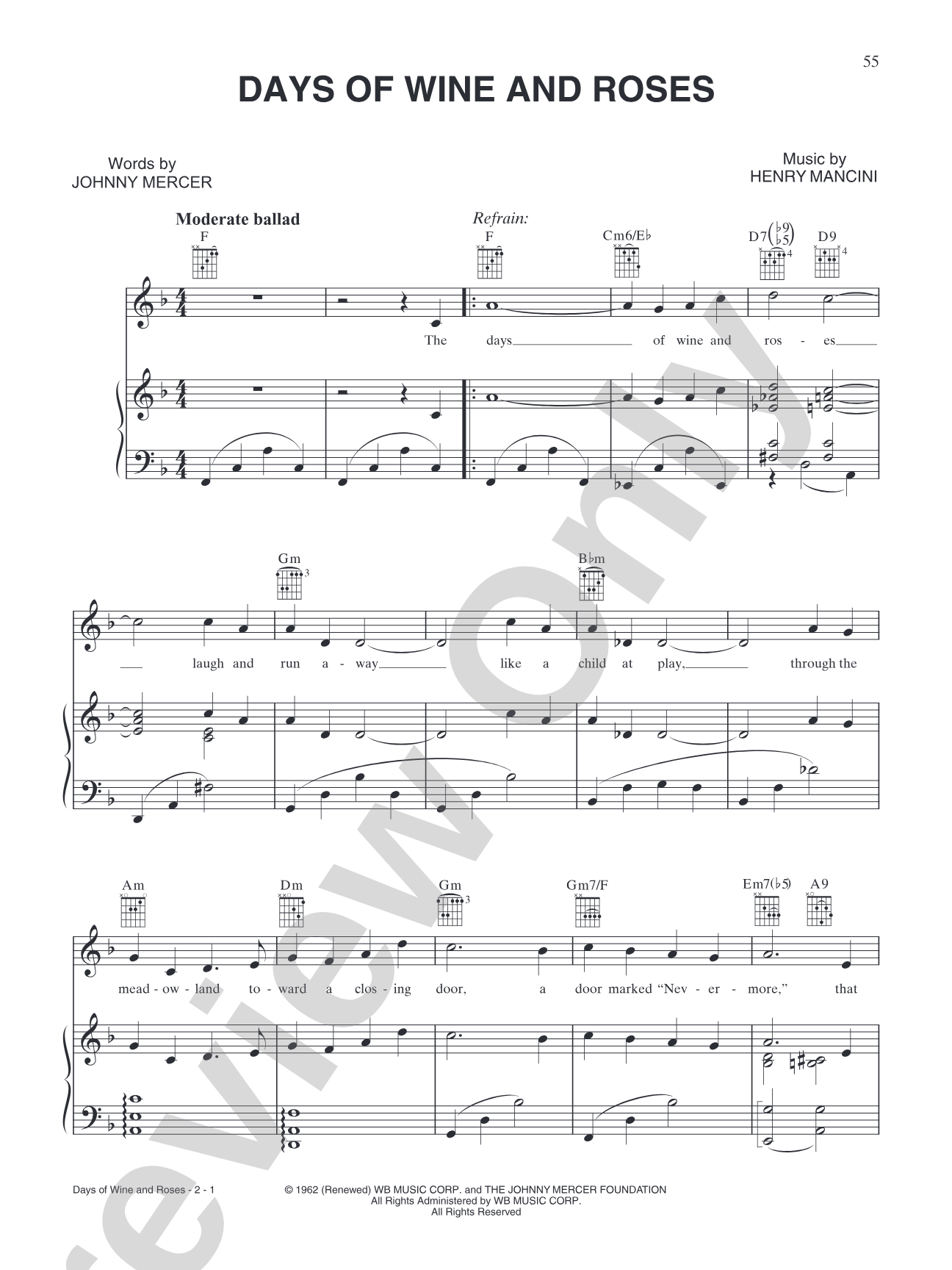 Days of Wine and Roses: Piano/Vocal/Chords