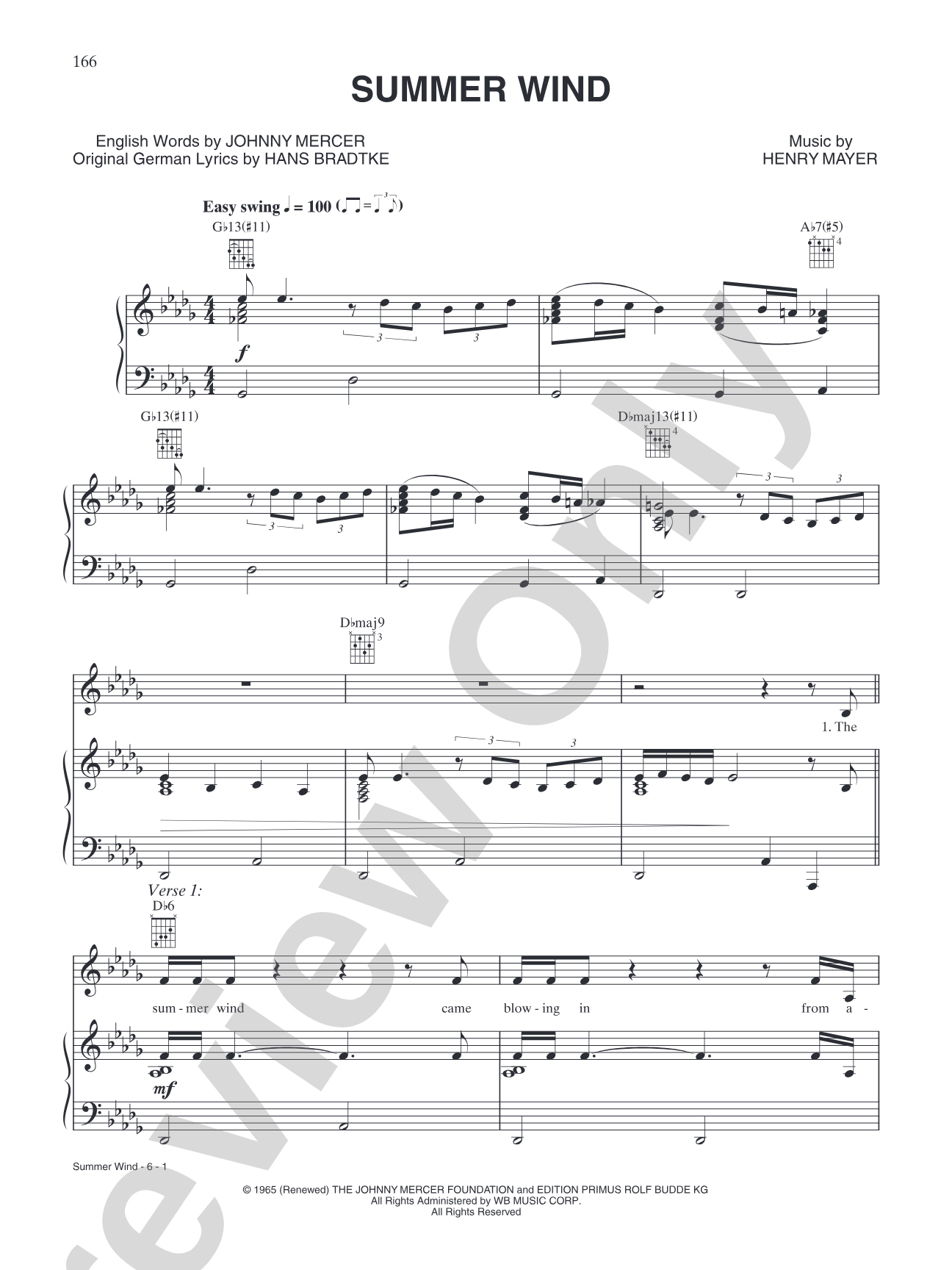 Summer Wind: Piano/Vocal/Chords
