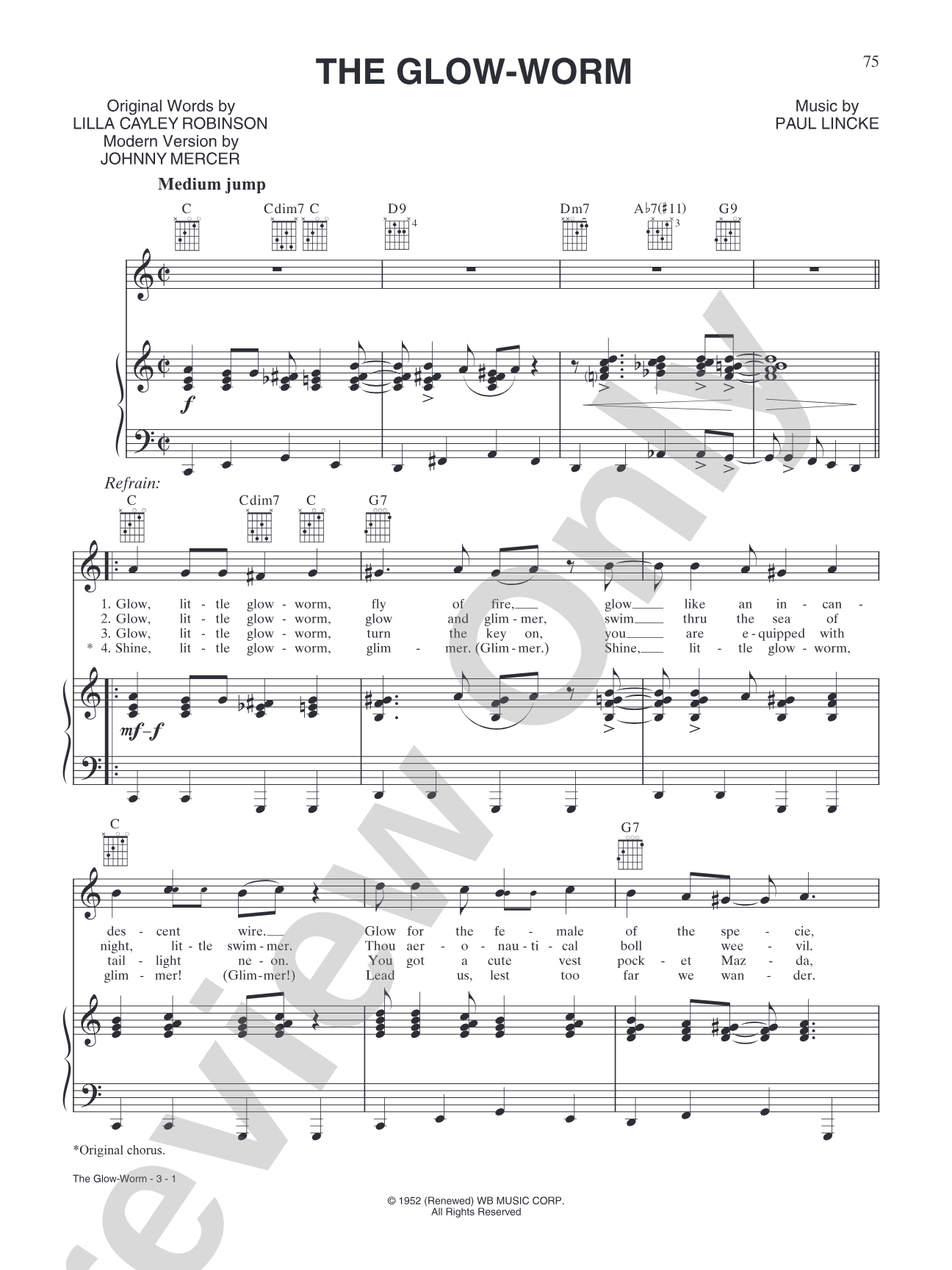 The Glow Worm: Piano/Vocal/Chords