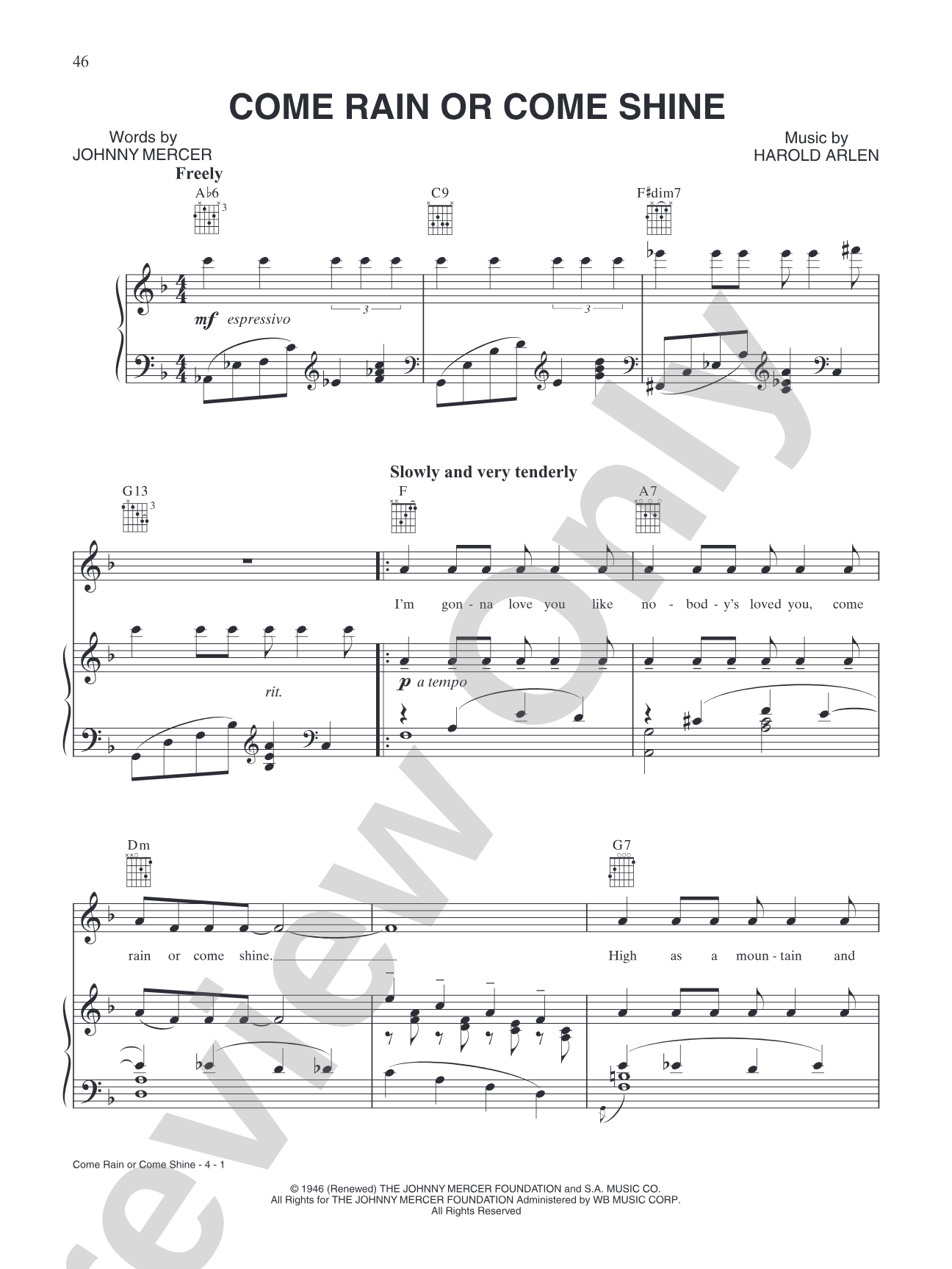 Come Rain or Come Shine: Piano/Vocal/Chords