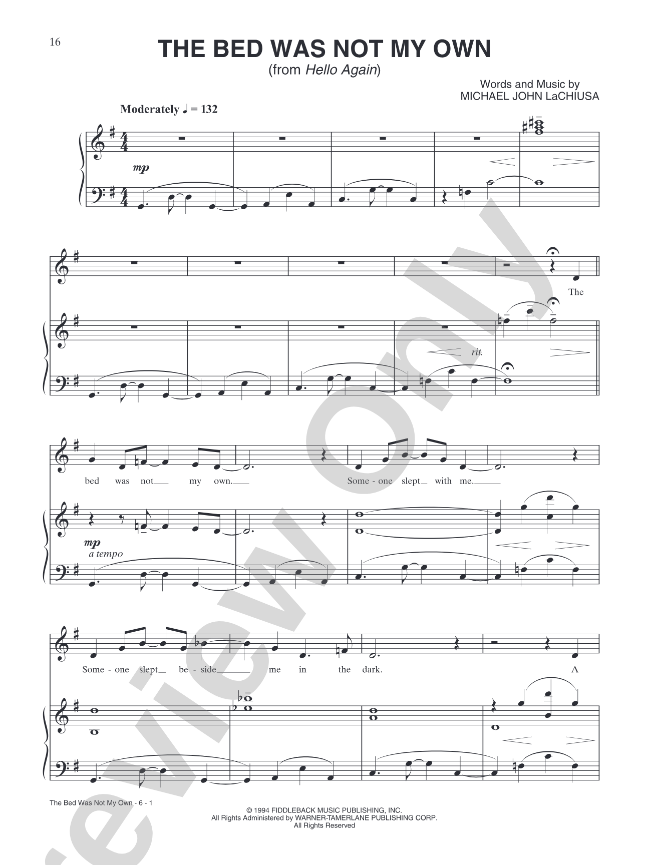 The Bed Was Not My Own (from "Hello Again"): Piano/Vocal/Chords