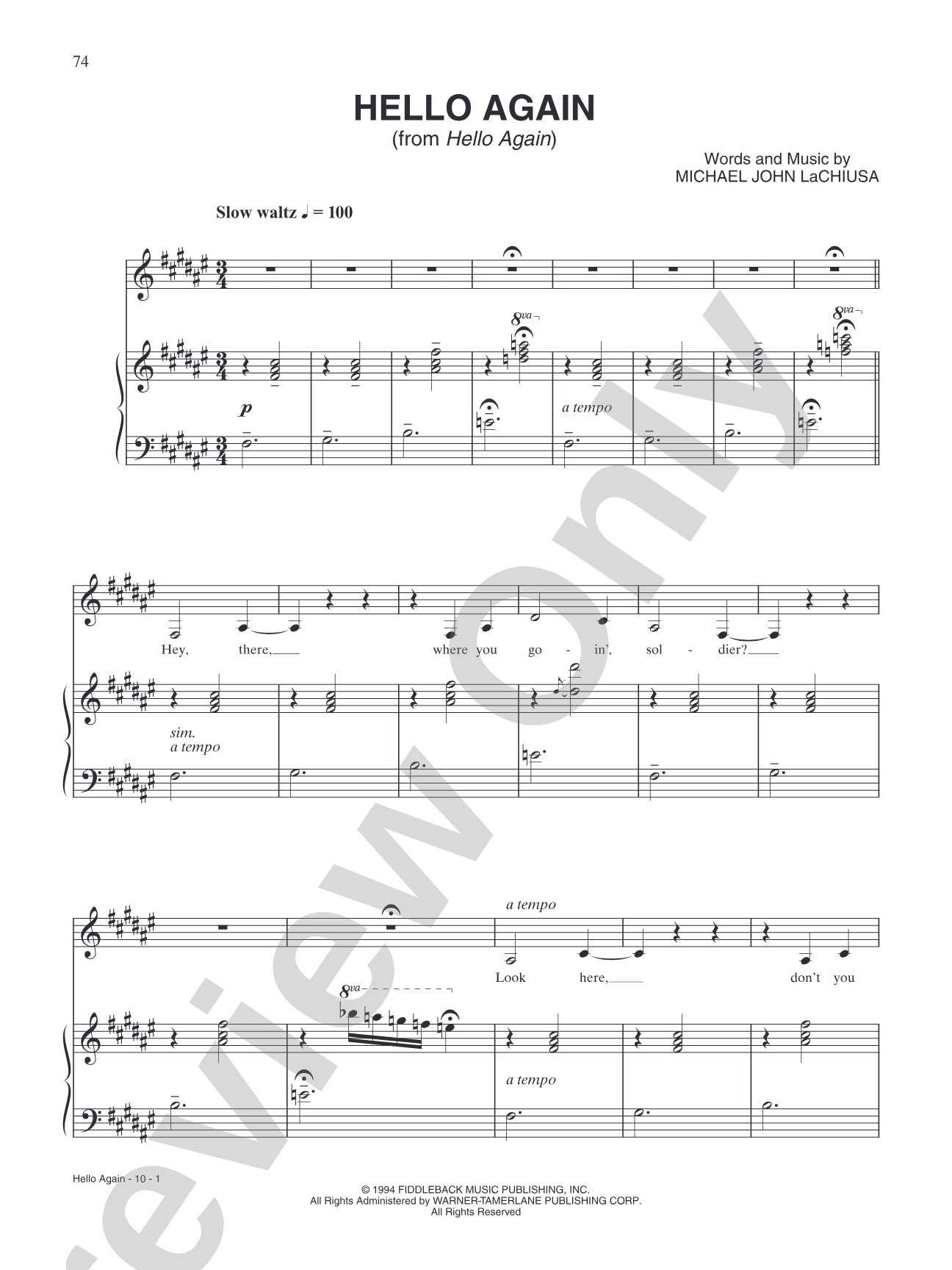 Hello Again (from "Hello Again"): Piano/Vocal/Chords