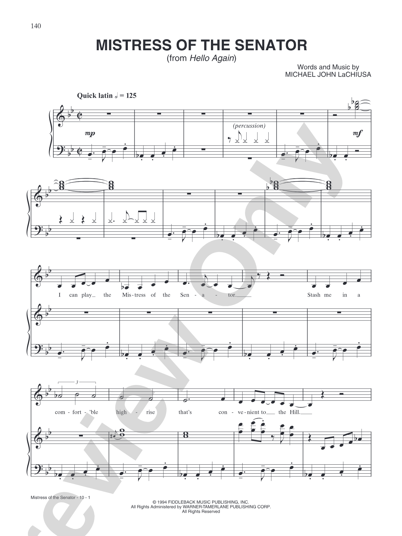 The Mistress of the Senator (from "Hello Again"): Piano/Vocal/Chords