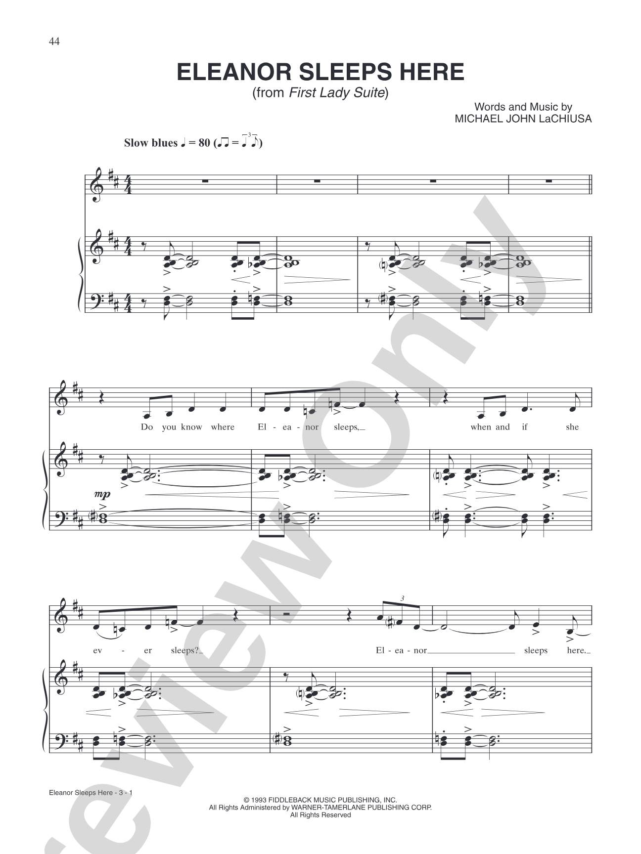 Eleanor Sleeps Here (from "First Lady Suite"): Piano/Vocal/Chords