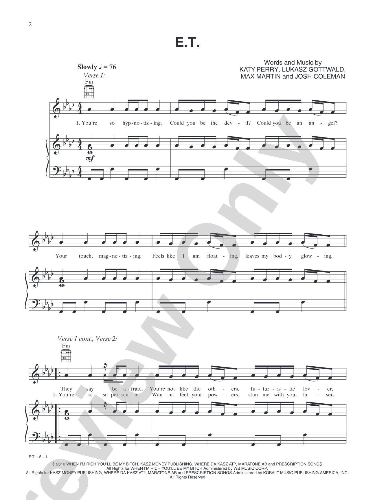 E.T.: Piano/Vocal/Chords